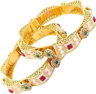 ZULKA Royal Alloy Gold Polish Meenakari Kada Set For Women & Girls With Floral Enamel Pattern & Stone Work | Designer Kang... Price In India