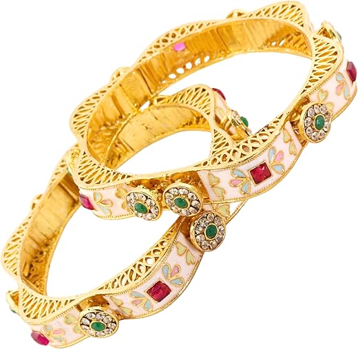 ZULKA Royal Alloy Gold Polish Meenakari Kada Set For Women &amp; Girls With Floral Enamel Pattern &amp; Stone Work | Designer Kang...