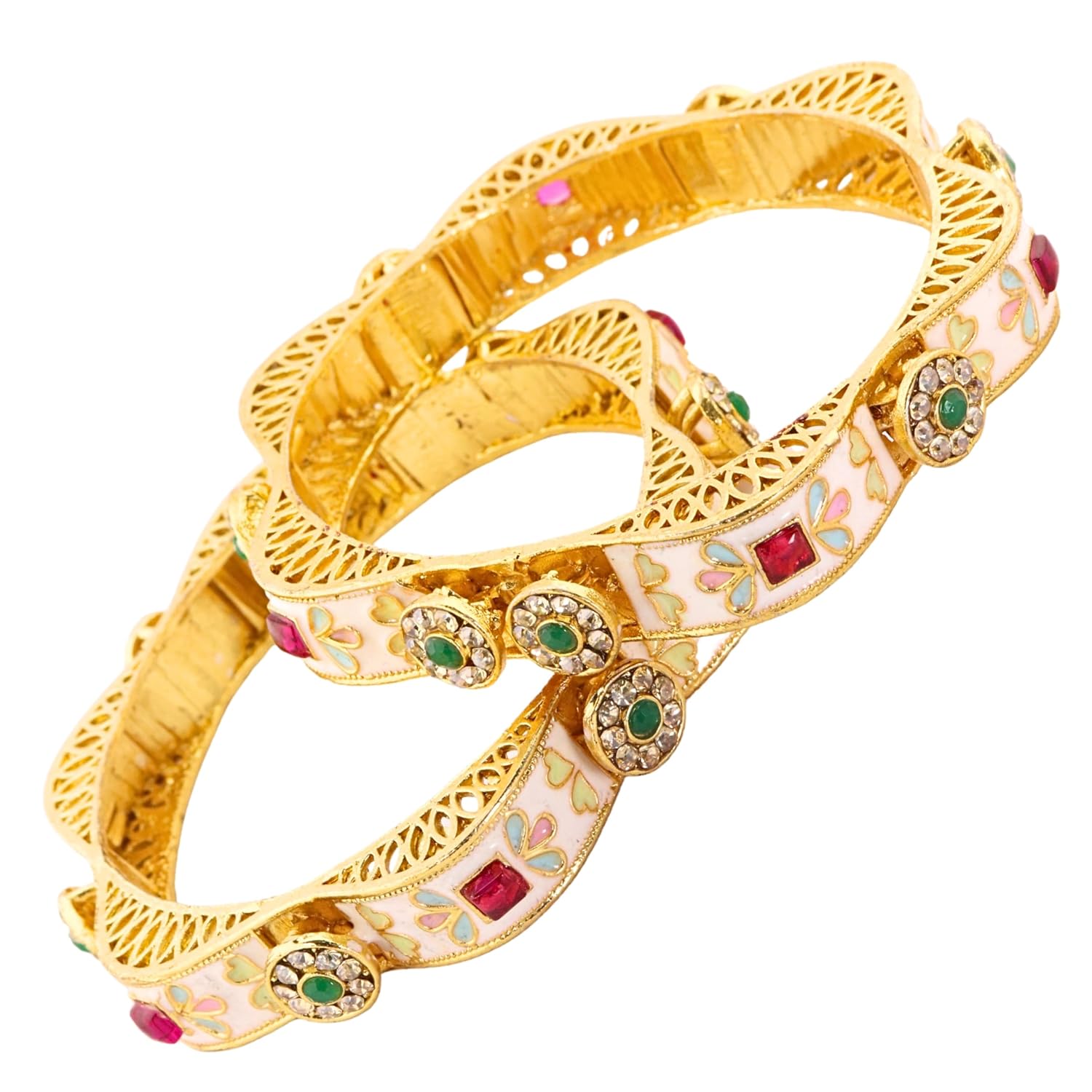 ZULKA Royal Alloy Gold Polish Meenakari Kada Set For Women & Girls With Floral Enamel Pattern & Stone Work | Designer Kang... - Review, Price and Buying Guide