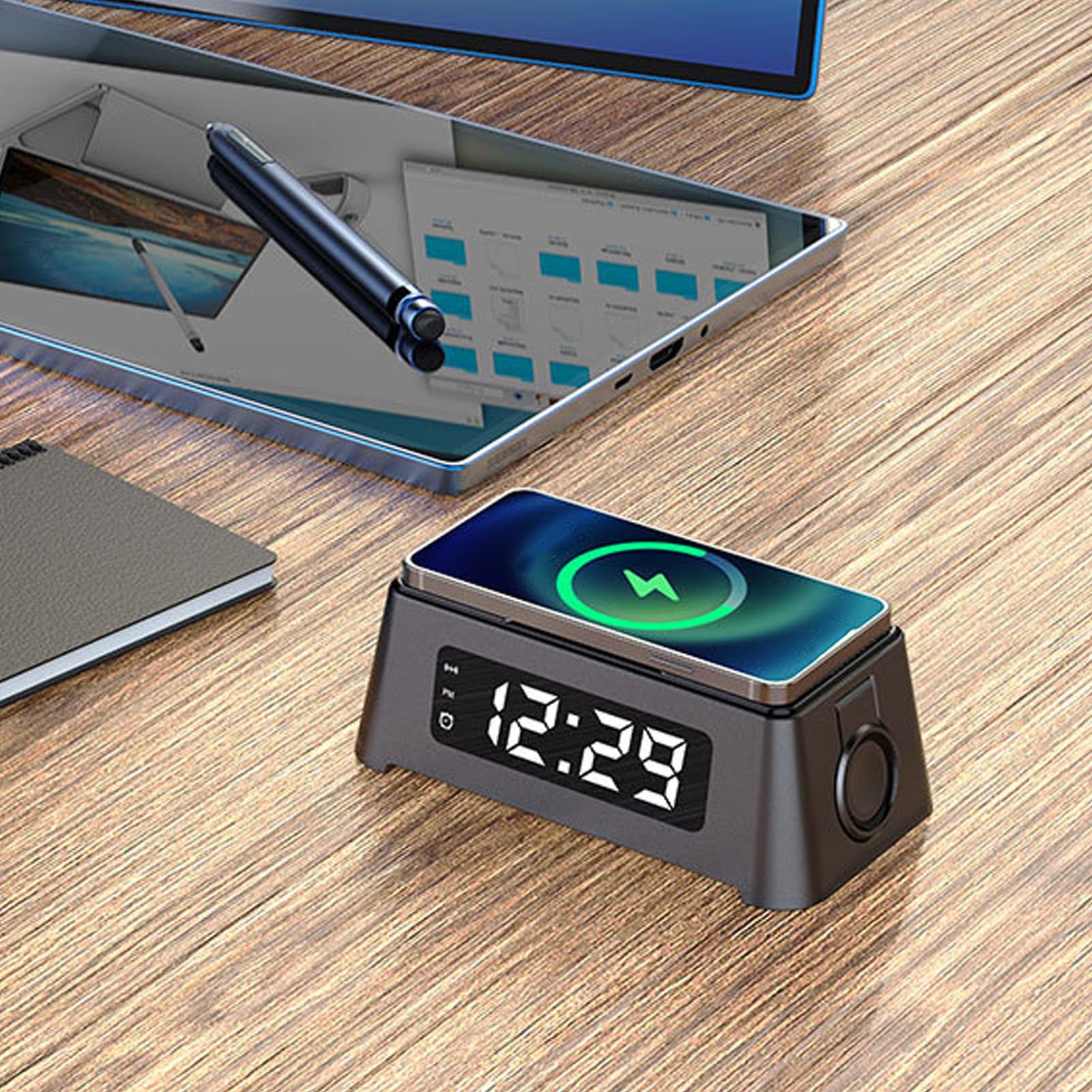 Bezprzewodowa ładowarka 3 w 1, Budzik z Wyświetlaczem Temperatury, Bezprzewodowa Stacja ładująca do Słuchawek Dousznych do Telefonu, Smartwatch