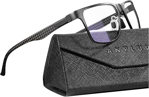 Miniatura 1 de ANYLUV Lentes de luz azul para hombres, templos de fibra de carbono mejorados, anteojos de juegos de computadora estilo rectangular con UV400 (negro)