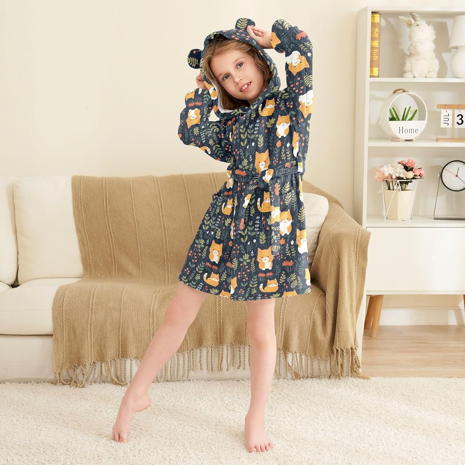 senya Cute Cats with Leaves Toddler Hooded Bathrobe Kids Soft Plush Bath Towel Robes for Boys Girls 2-12 Years
