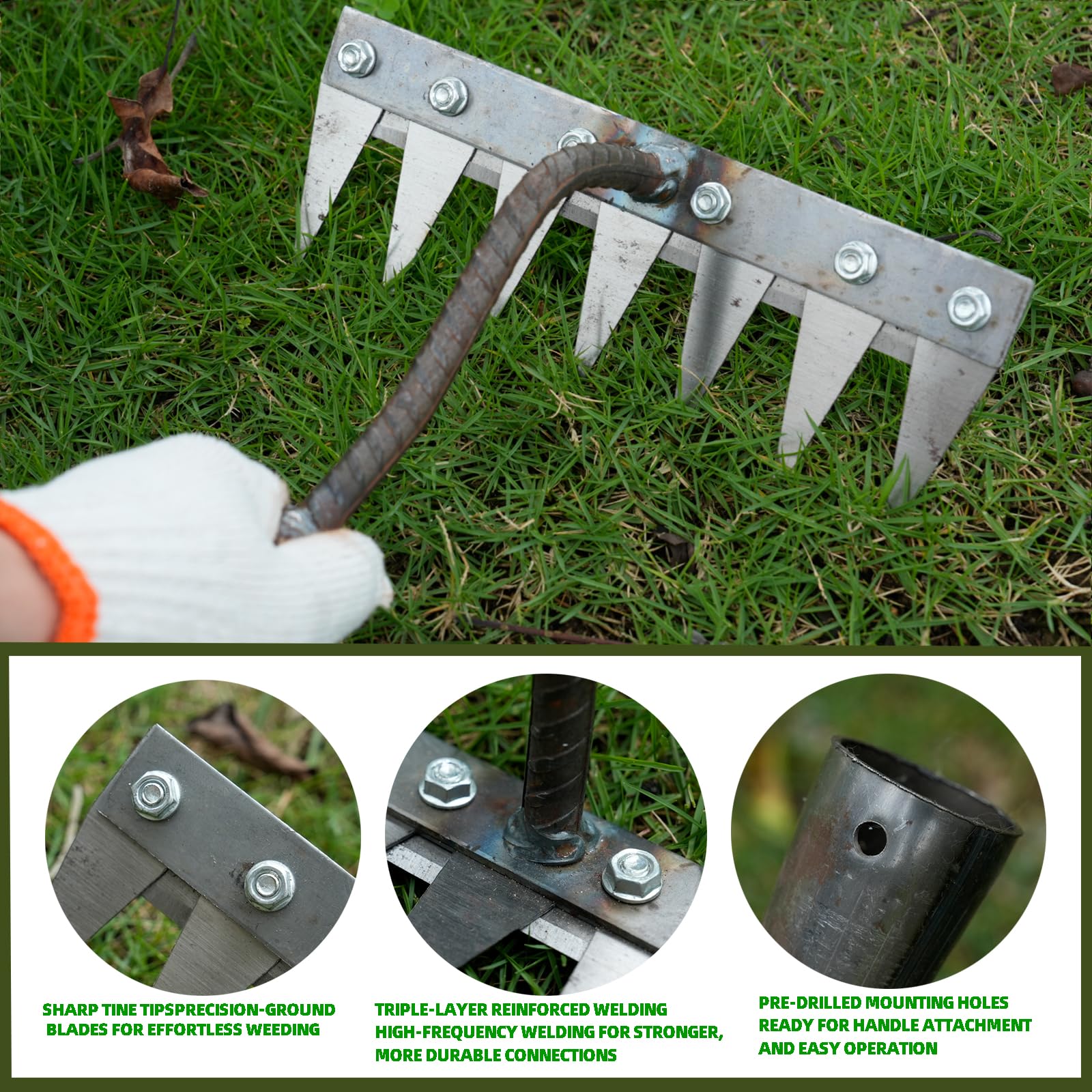 Rastrello per diserbo per giardinaggio, rastrelli in ferro da gardenia per cortile, prato, piccola fattoria, rastrello con denti in metallo affilati, attrezzo da giardino resistente per diserbo senz