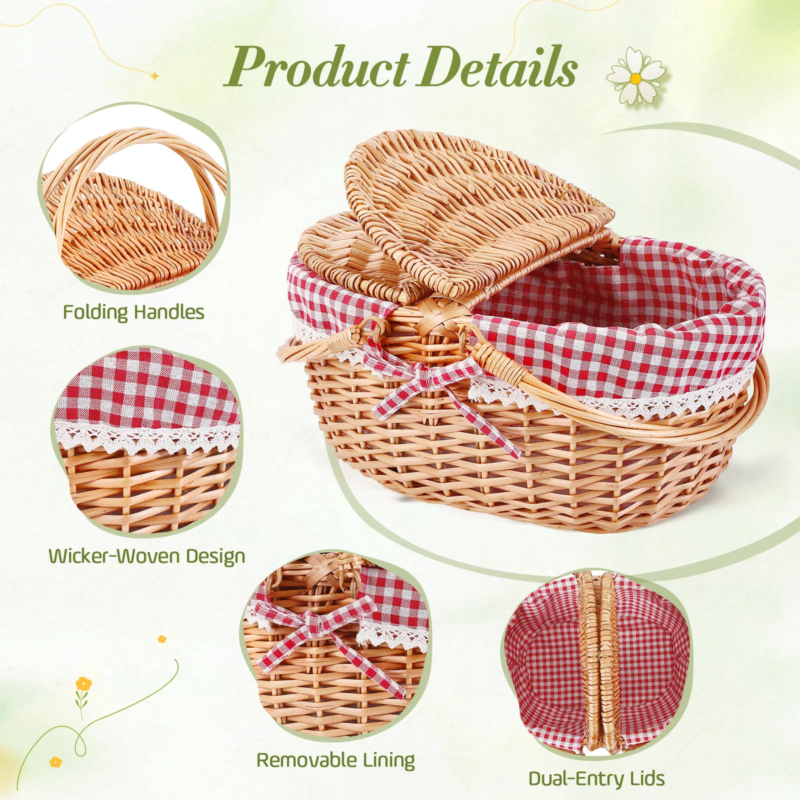 Cesto Picnic Vimini, Coperchio a Doppia Apertura e Manico Pieghevole Cestino da Picniccon, Cestino Intrecciato a Mano con Fodera in Cotone Rimovibile, Adatto per Picnic, Campeggio(Rosso/40x34x19CM)