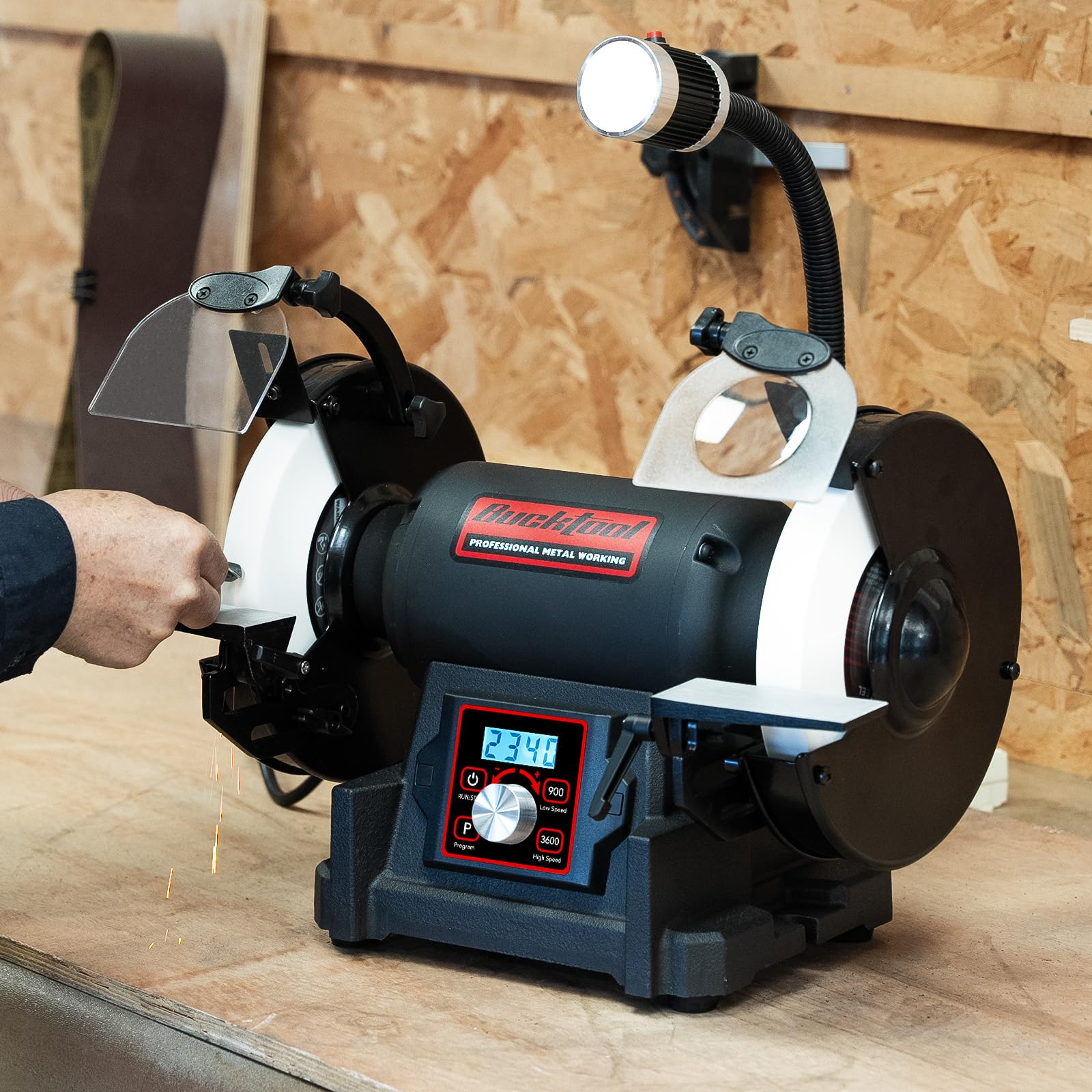 Bucktool Lijadora de mesa variable de 200 mm, VFD 750 W profesional con baja vibración y alto par para procesamiento de metal, afilado de cuchillos y trabajos de taller