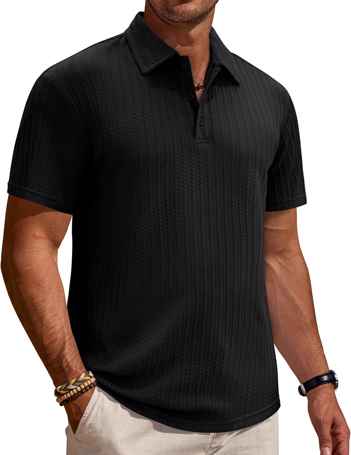 Alimens & Gentle Mens Polo Shirts Short Sleeve Textured Knit Casual Beach Vacation Stretchy Golf Shirts