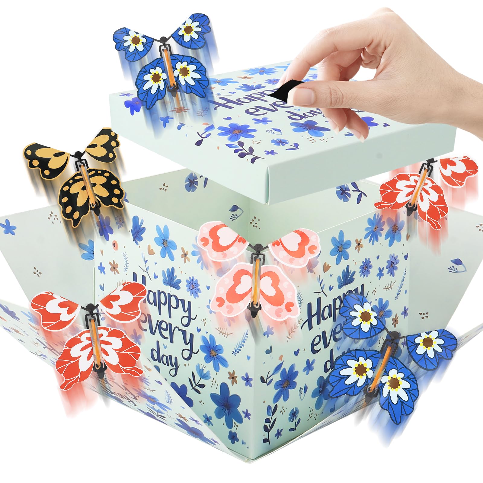 ALIBBON Flying Butterfly Surprise Gift Box Blue Flowers DIY Butterfly Explosion Gift Box with 6 Butterflies for Birthday Anniversary Wedding