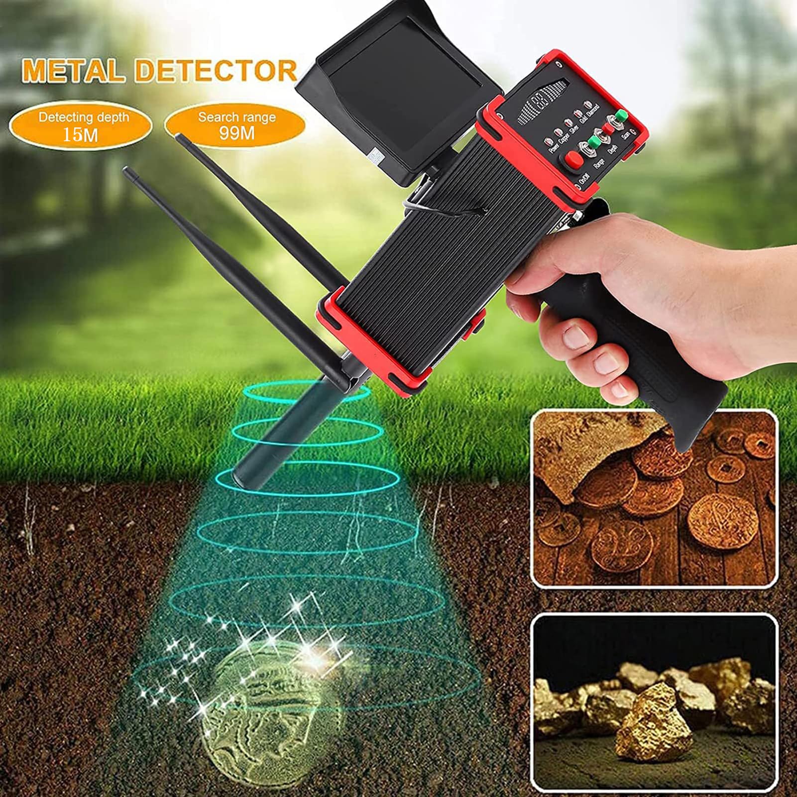 Rilevatore di oro sotterraneo, localizzatore di metalli ad alta precisione con display, profondità 15 m, portata 100 m, per trovare oro, argento, rame