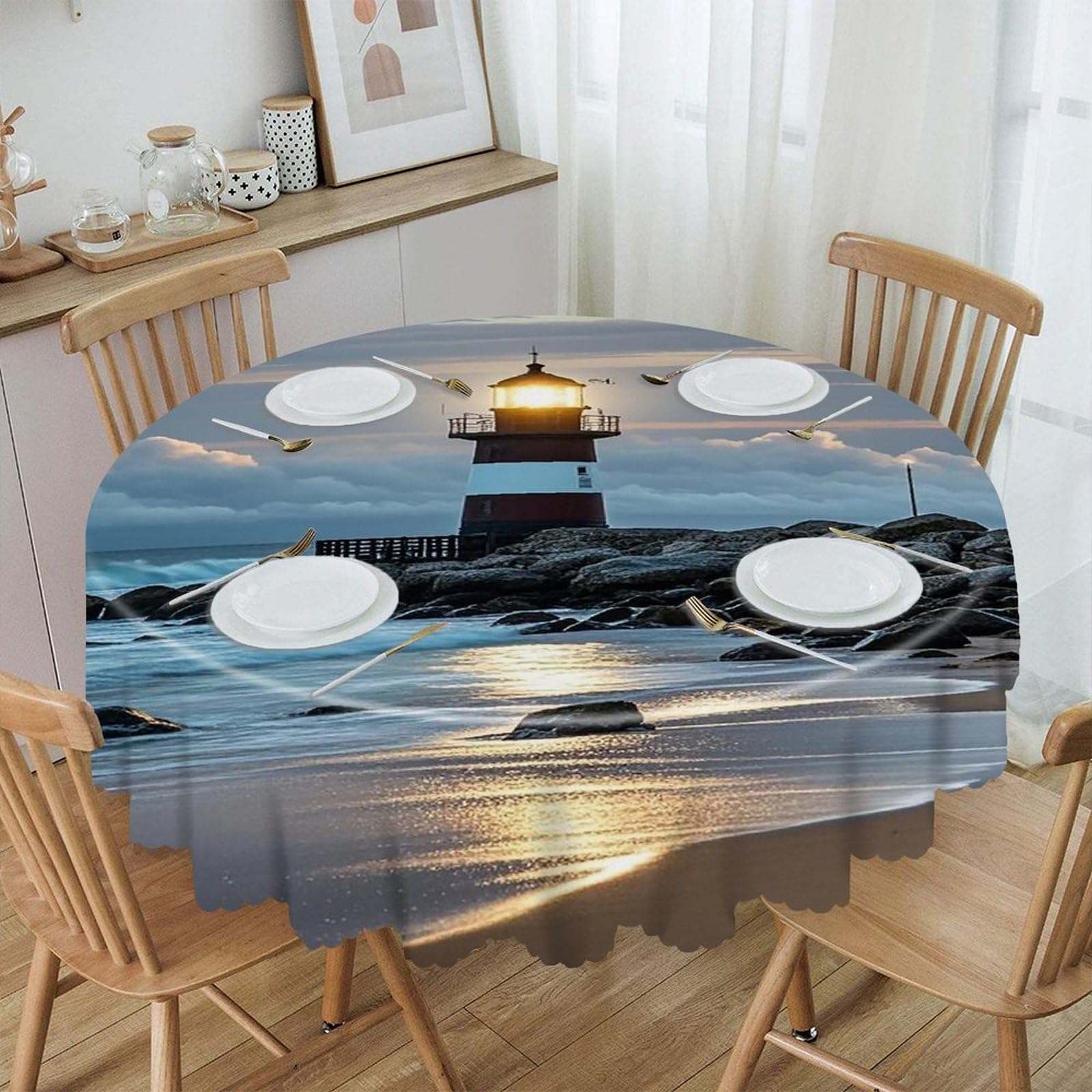FekiLoot 60 Inch Round Sea Lighthouse Tablecloth Waterproof Heavy Duty Polyester Table Cloth Spill-Proof Wipeable Table Cover Decorative Circle Dining Tablecover for Party Outdoor