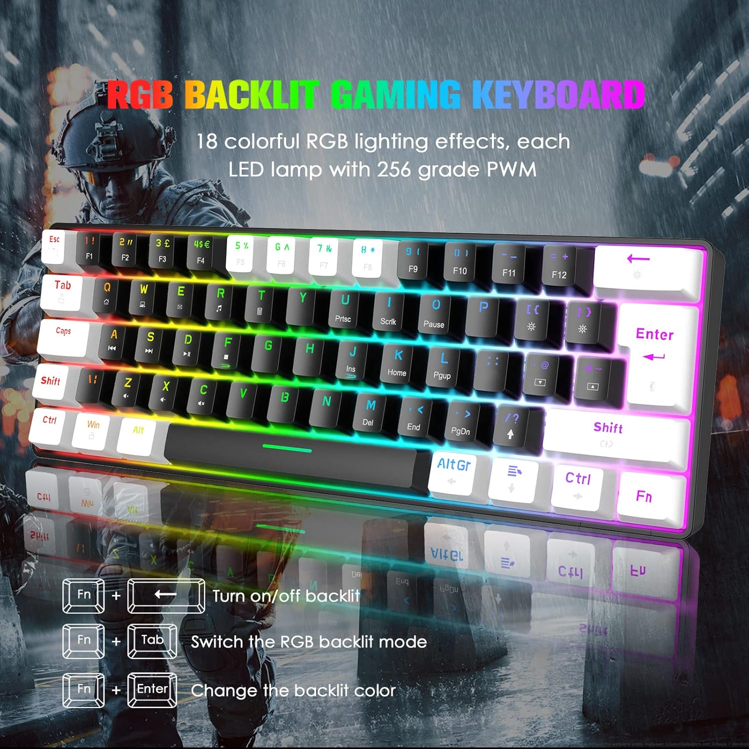 The ZIYOU LANG T60 keyboard with vibrant RGB backlighting, demonstrating various lighting effects and control shortcuts.