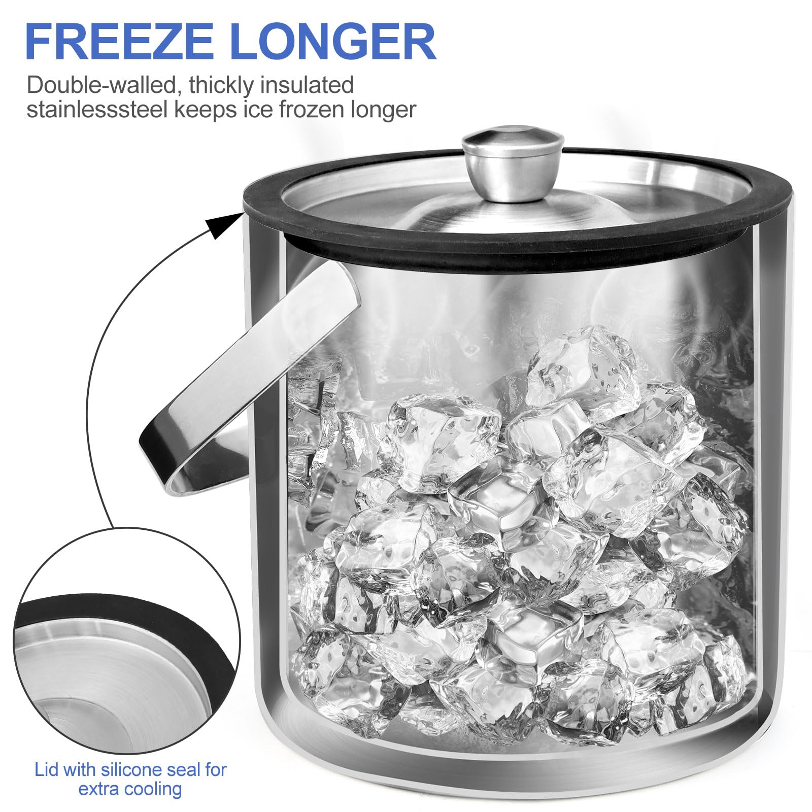 Cubitera de 2,2 L con tapa hermética y pala, de acero inoxidable, para cubitos de hielo, doble pared, aislante, enfriador de hielo, perfecto para cerveza, champán, vino, bebidas, frutas