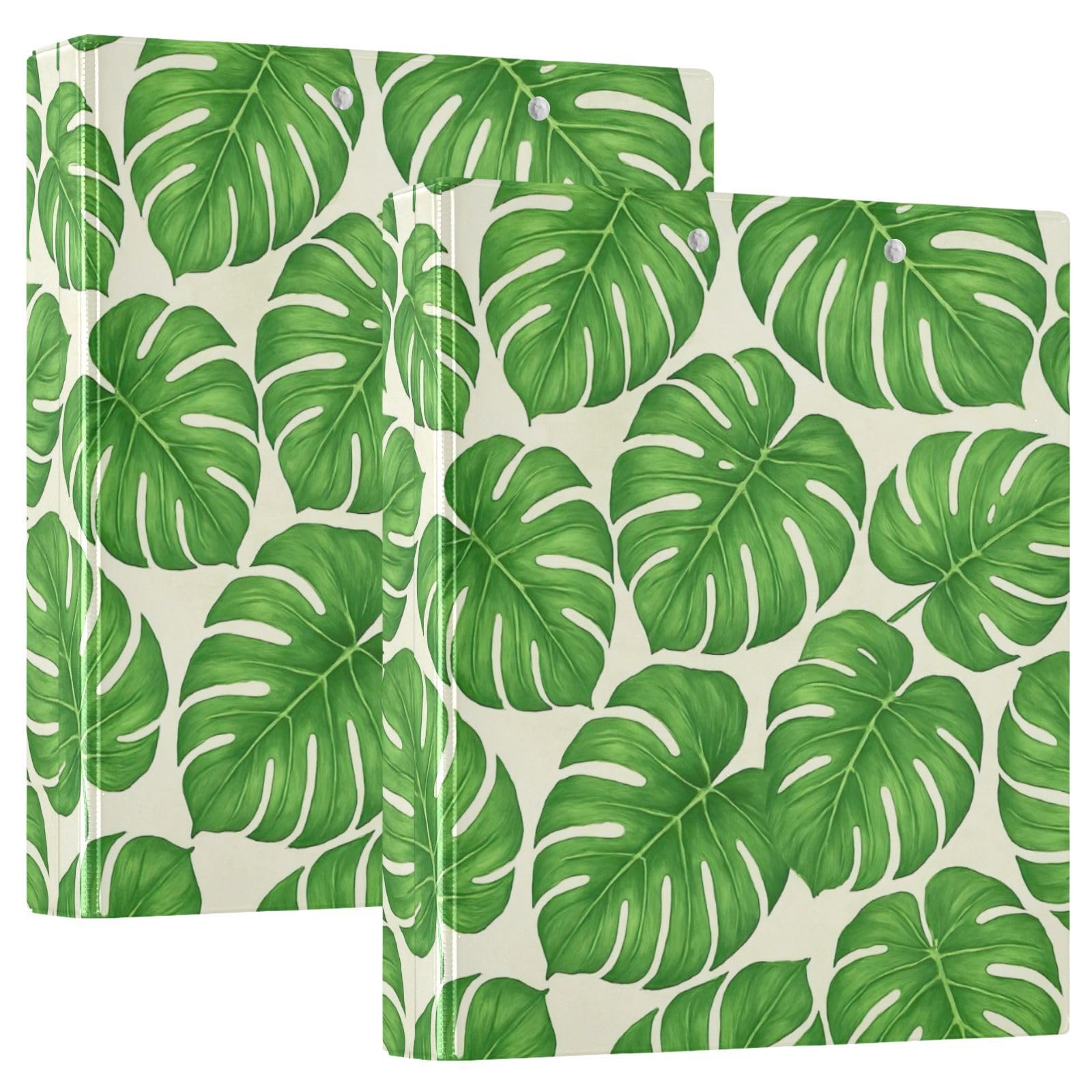 Green Leaves - Carpeta de 3 anillos de 1.5 pulgadas, color verde tropical, carpeta de anillos en D, paquete de 2 | Con portapapeles y bolsillos, para escuela, universidad, oficina