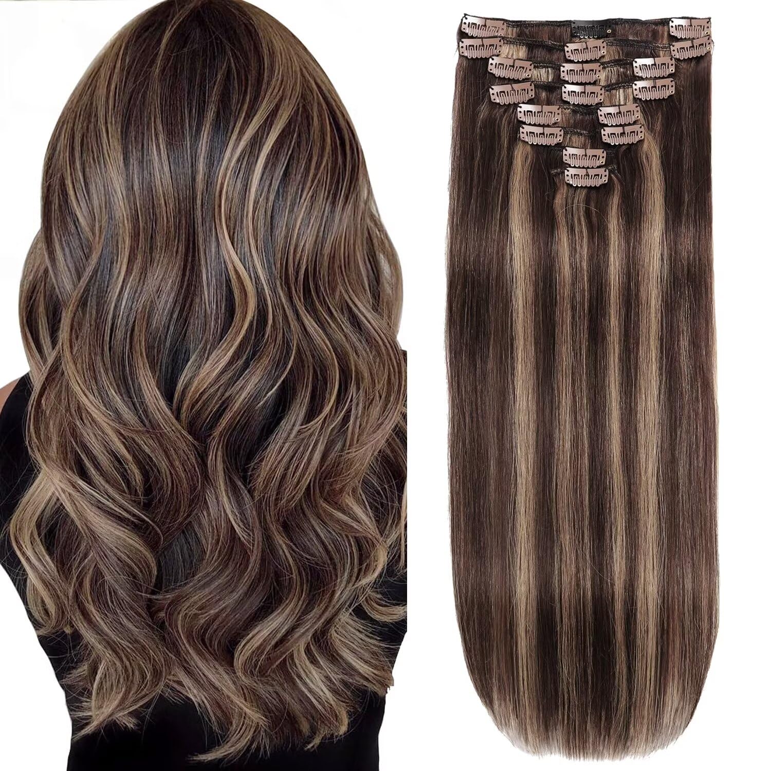 Clip in Hair Extensions Real Human Hair 3.4oz/90g Clip ins 100% Human Hair Extension for Women 8pcs Per Set with 18 Clips Double Weft (14 Inch #2/6 Dark Brown to Chestnut Brown)