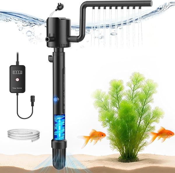 OMECO Filtre intérieur d'aquarium 5 en 1 800 l/h - Filtre UVC - Pour aquariums de 60 à 300 l - Avec stérilisateur U-V de 6 W et minuterie - Pompe d'aquarium avec ventilation et douche à effet pluie - 2