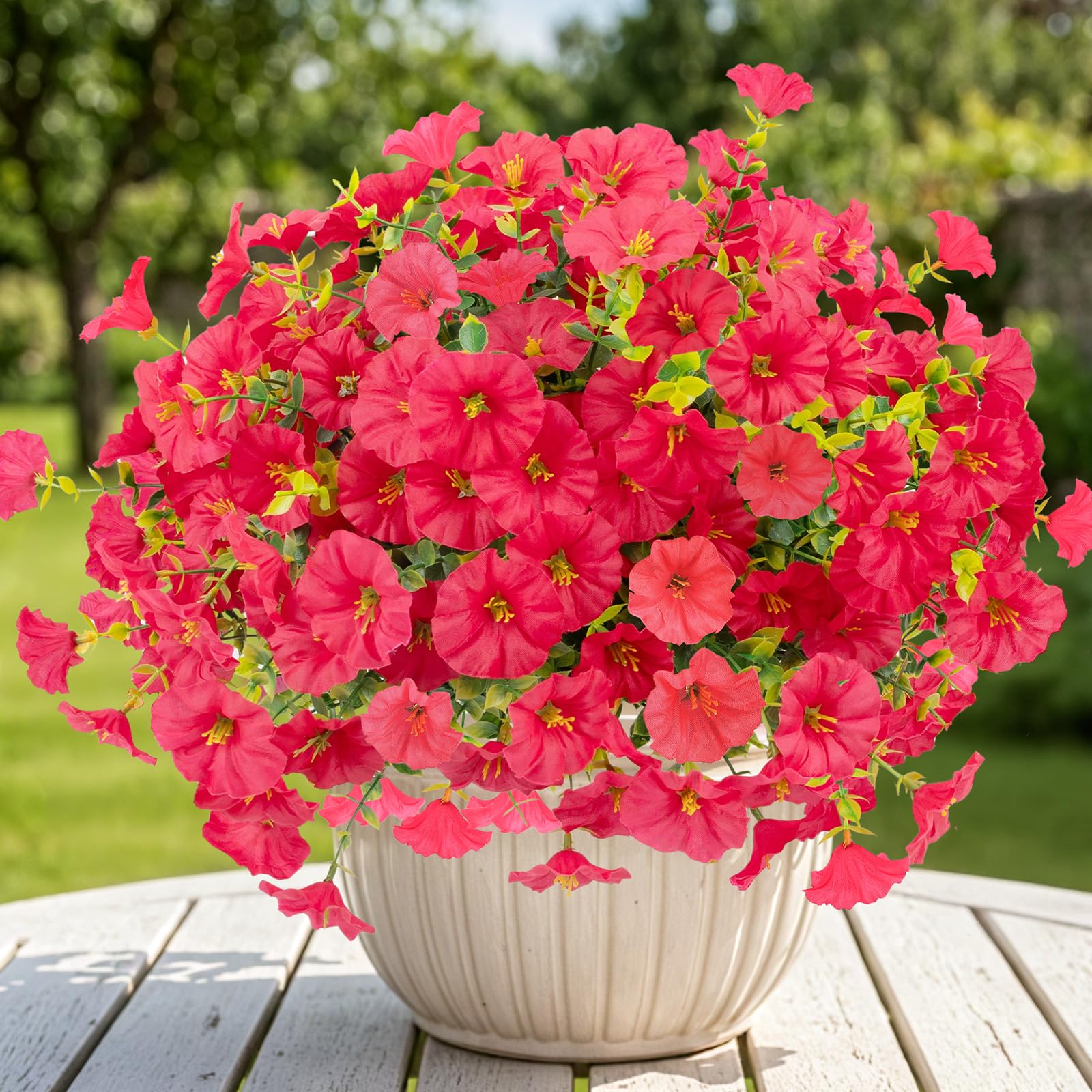 6 Bundles UV Resistant Artificial Flowers, Realistic Faux Plants for Garden, Rose Red - Image 2