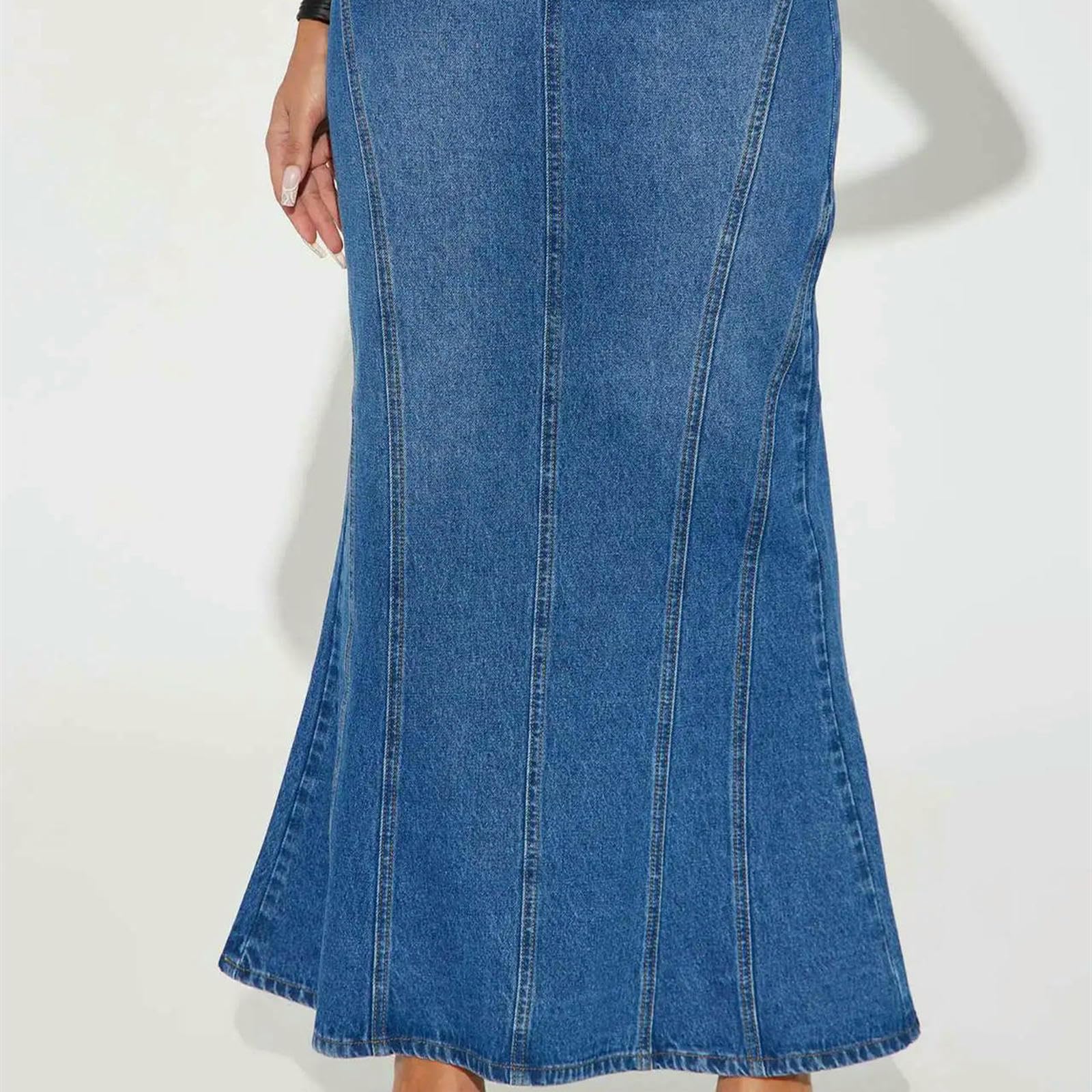 Langer Rock Damen Denim Langrock Frauen Eine Linie Dehnbare Röcke Freizeitpocket Reißverschluss Fliege Vintage Hohe Taille Streetwear-blau-l