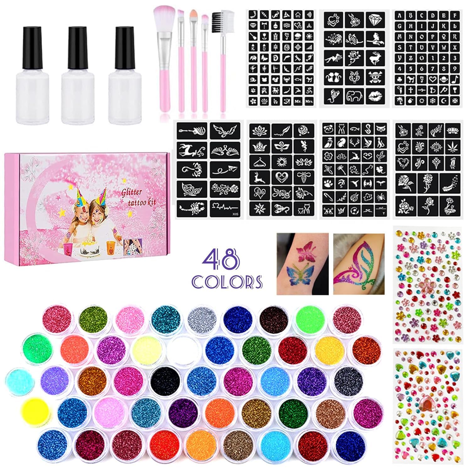 Lookka Glitter Tattoos for Kids, Glitter Tattoo Set for Children, 48 Colours, Temporary Glitter Tattoos for Girls, 216 Stencils, 5 Brushes, 3 Glues, Gifts for Girls Boys Easter School Birthday Party
