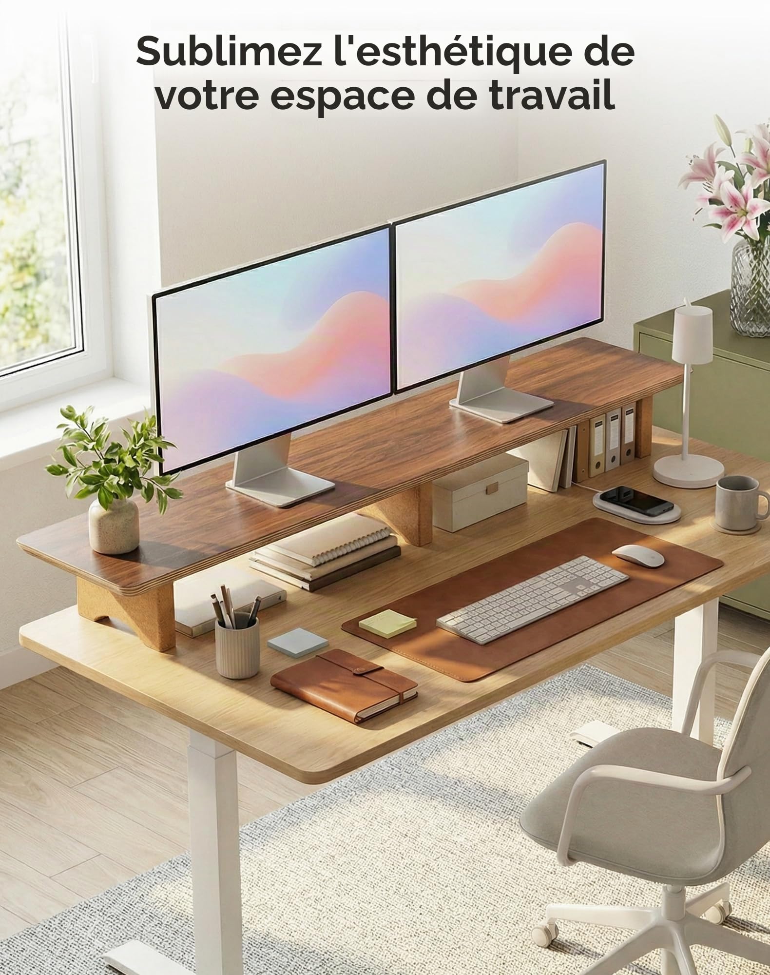 Aothia Grand Support pour écran d'ordinateur, Colonne Montante en Bois avec Pieds en liège durables pour Ordinateurs Portables/Ordinateur/TV/PC, Organisateur Parfait pour Bureau/Maison (Noyer, Grand)