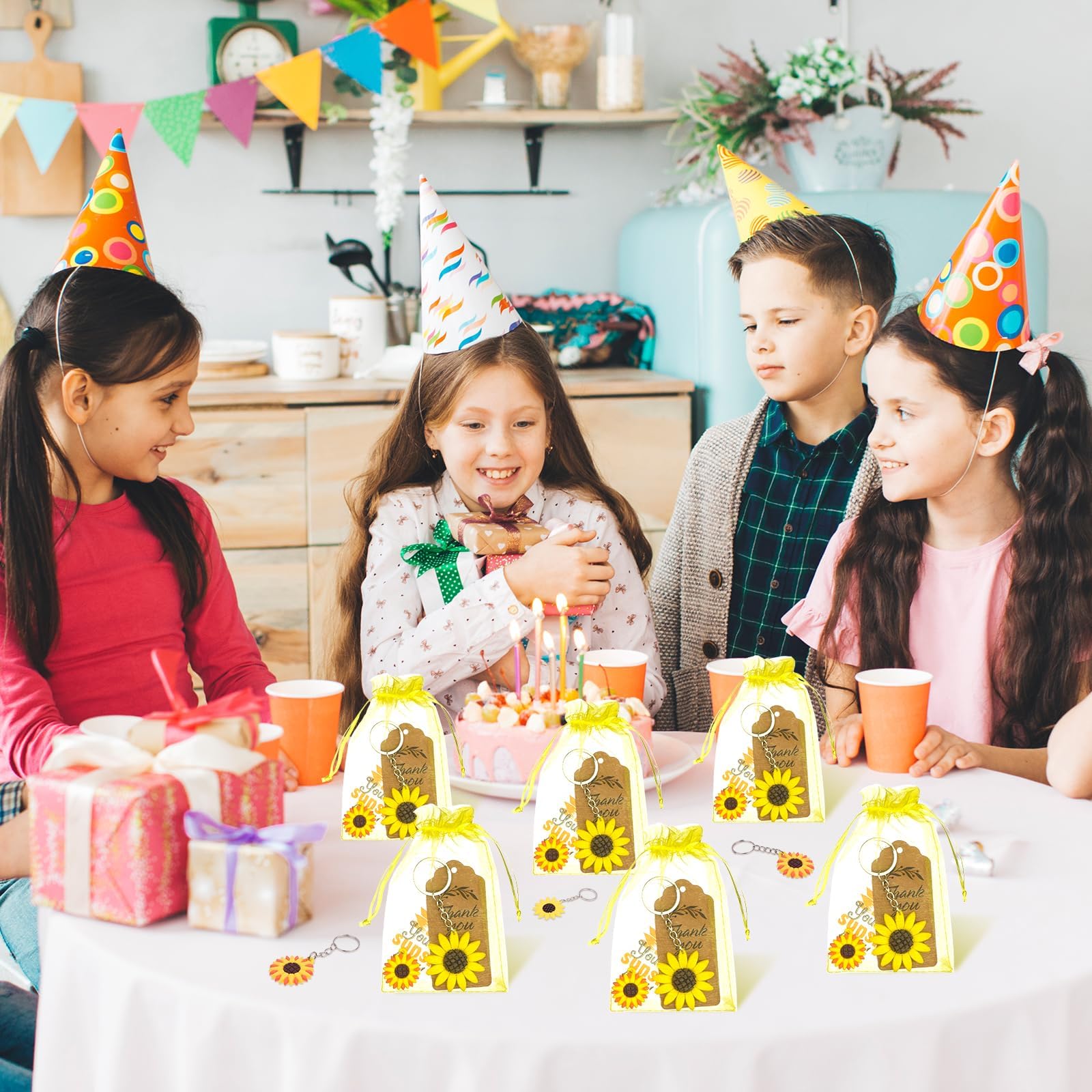 130 regali per feste a forma di girasole con portachiavi con girasole regolabili, adesivi per girasole, etichette di ringraziamento, sacchetti in organza per compleanni, matrimoni, feste estive