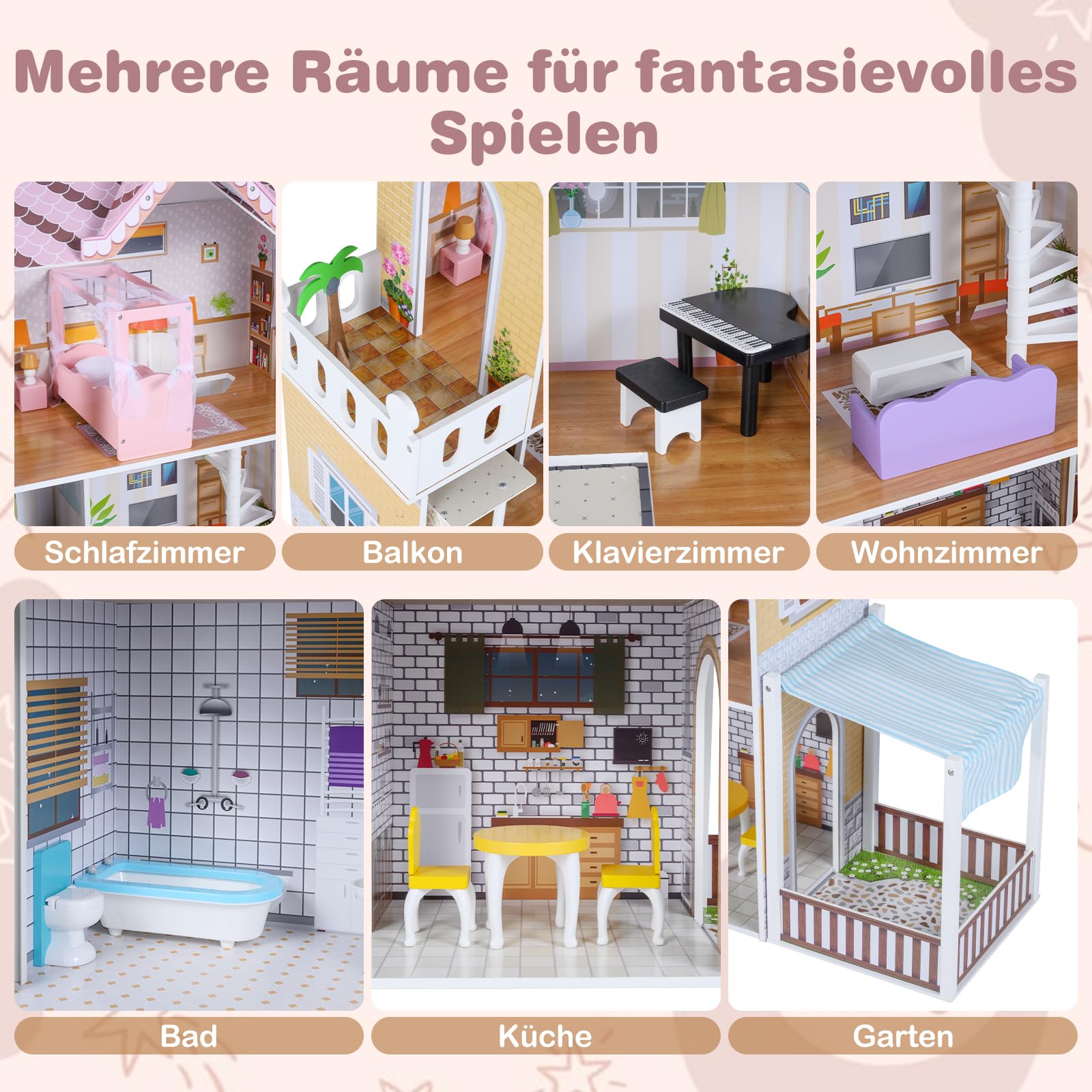COSTWAY Drewniany domek dla lalek, domek dla lalek z balkonem i tarasem, willa dla lalek, 3 piętra z 16 meblami, duża wymarzona willa 102 x 34 x 120,5 cm, dla dziewcząt i chłopców od 3 lat