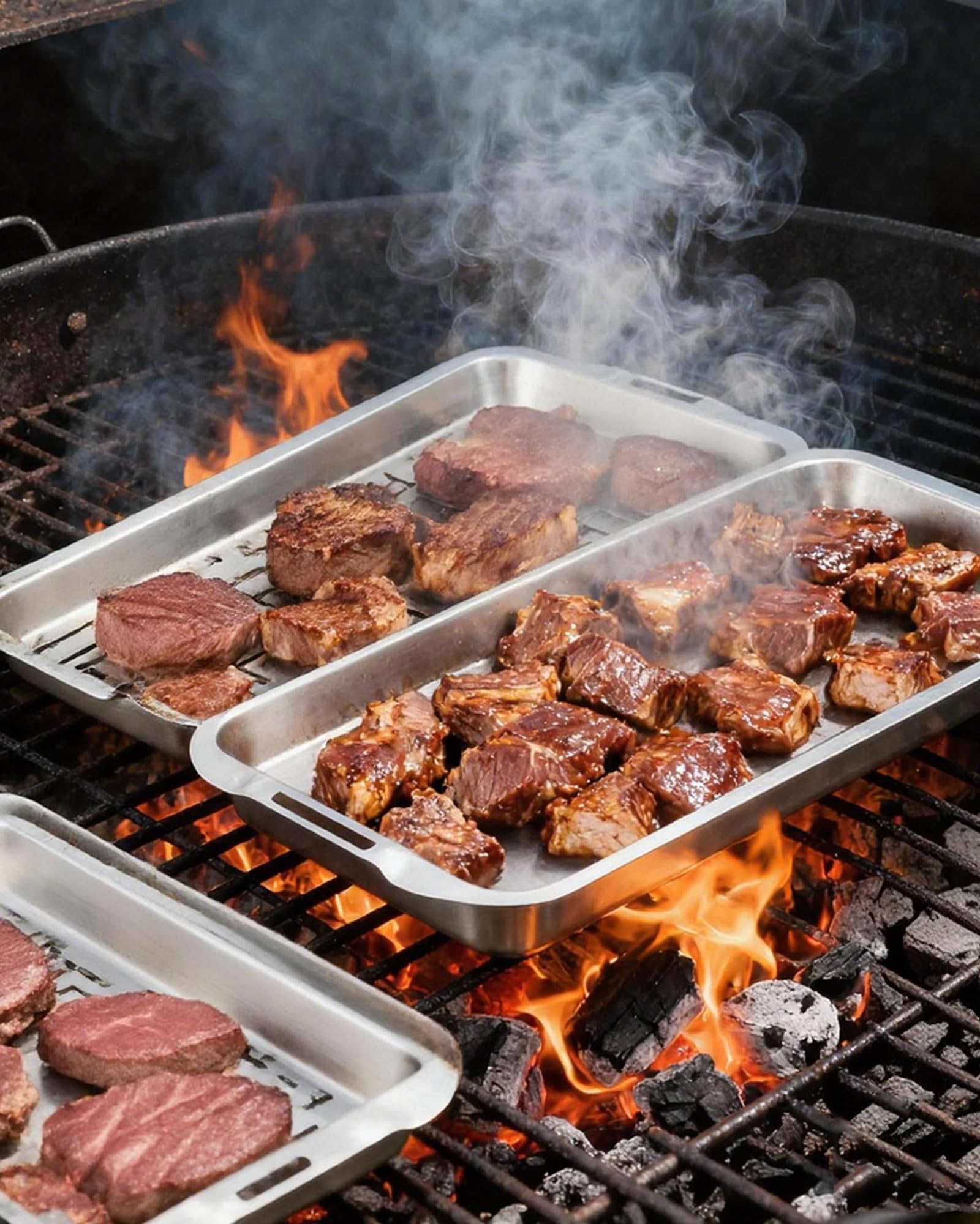 VIKEYHOME Zestaw koszy do grillowania, 6-częściowy zestaw dużych patelni grillowych ze stali nierdzewnej, patelnia 42 x 28 cm, do grilla na świeżym powietrzu, ze stojakiem chłodzącym, akcesoria do