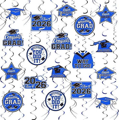 31 decoraciones de graduación para clase de 2026, remolino colgante de graduación, felicitaciones y decoraciones de fiesta de graduación (azul,