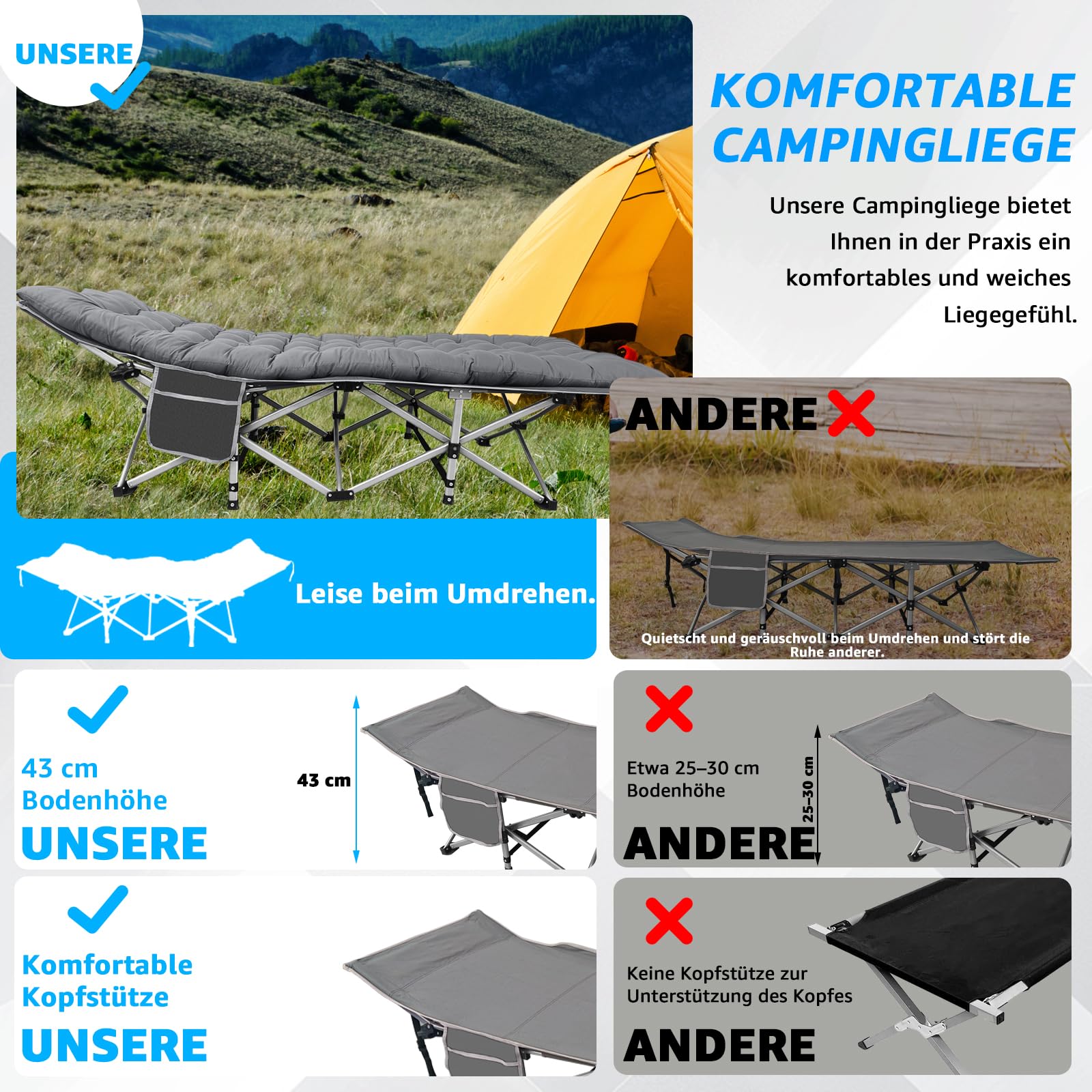 Klappbares Feldbett Campingbett faltbar, 150 kg belastbar - Robustes Gästebett für Outdoor, Camping, Garten & Büro mit Seitentasche und Tragetasche