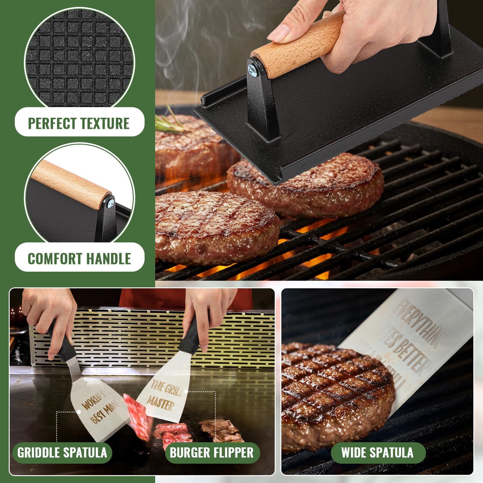 Boao Kit d'accessoires de cuisson pour homme, papa, mari, grand-père, accessoires de barbecue à dessus plat avec spatules élargies, tablier de barbecue et sac de transport, cadeaux de fête des pères