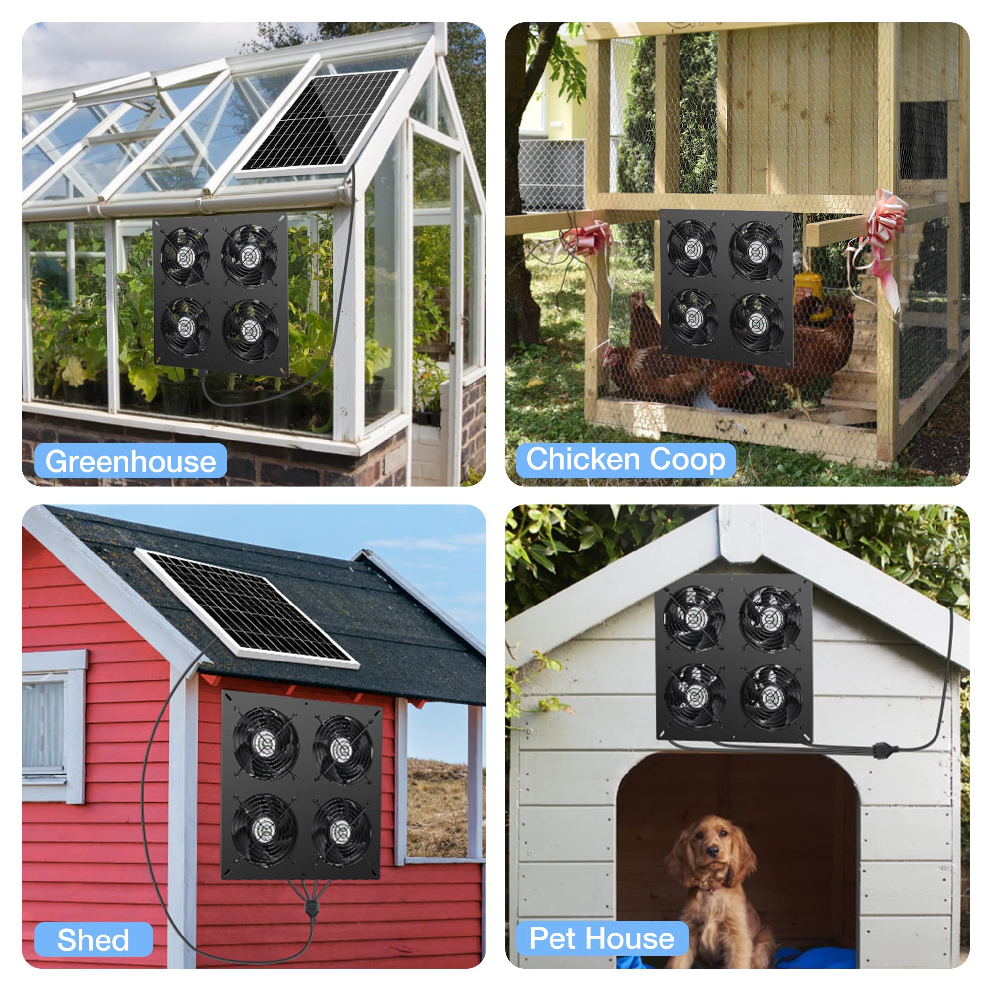 Fanspex Kit de 4 ventiladores solares impermeables para gallinero, invernadero y cobertizo | Ventiladores solares de alta velocidad para entrada o escape de aire al aire libre