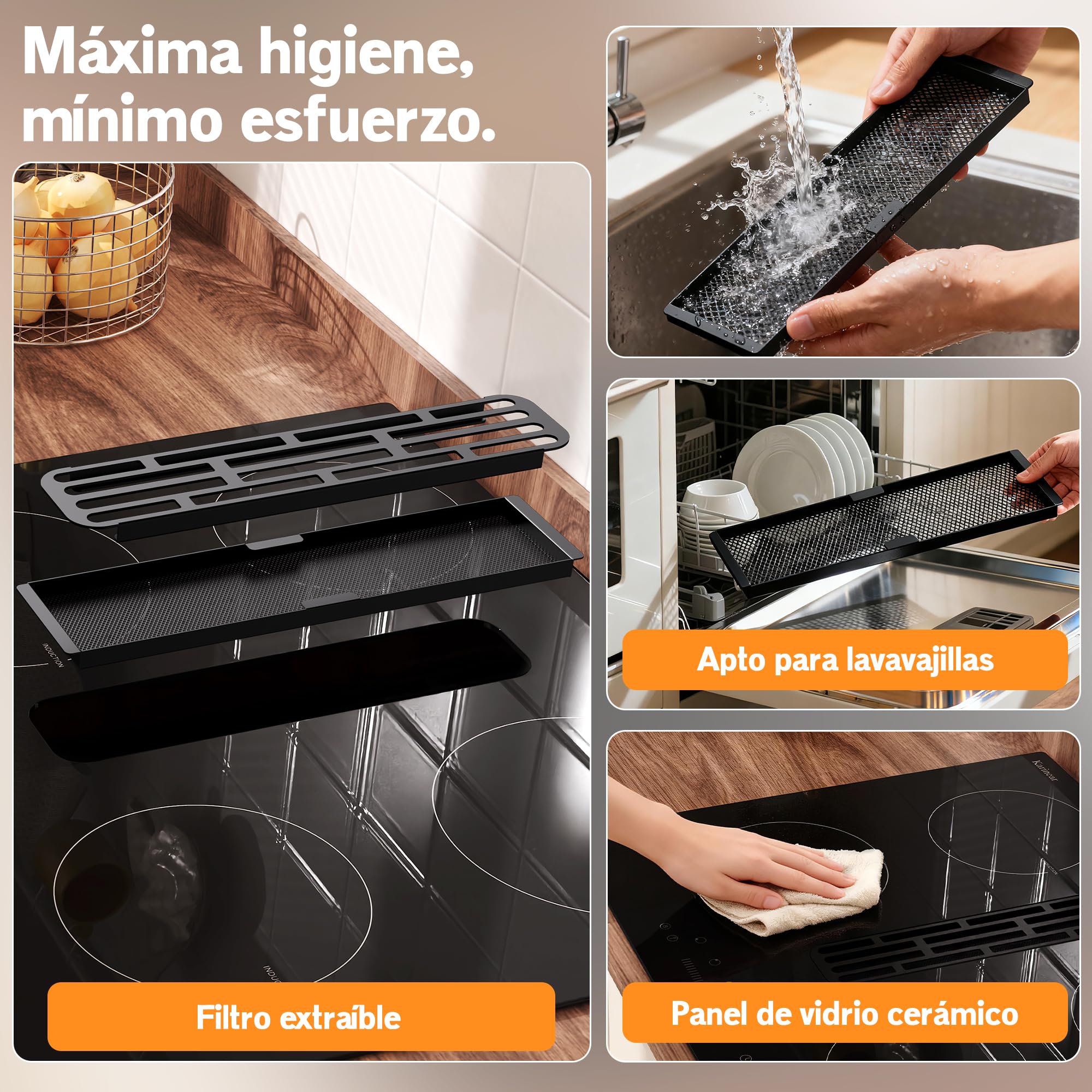 Karinear Placa Inducción 4 Fuegos con Extractor Integrado, Empotrable 60cm | Temporizador, Función Boost, Placa de Inducción de 6400 W con Extracción de 135 W, 220-240 V, sin Enchufe