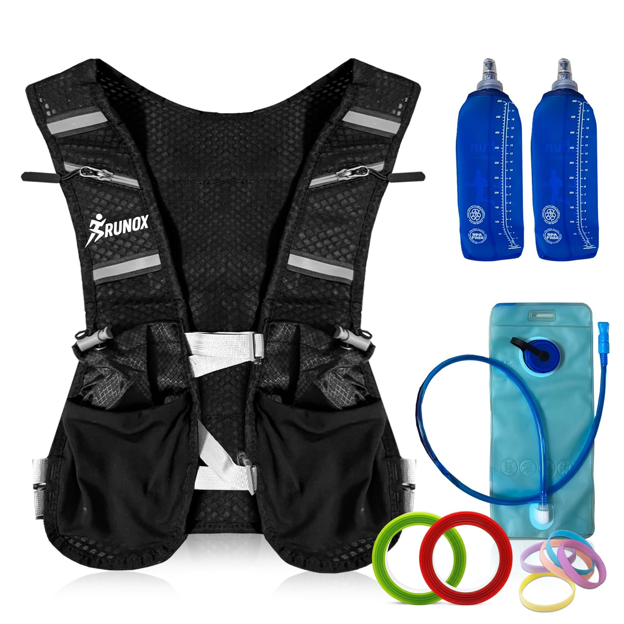 Gilet Hydratation Running – Veste Running Homme/Femme Ultra-Légère avec 2× Gourdes 500 ML + Poche à Eau 2 L – Gilet Trail, Course à Pied, Sac Hydratation Running Ajustable et Respirant