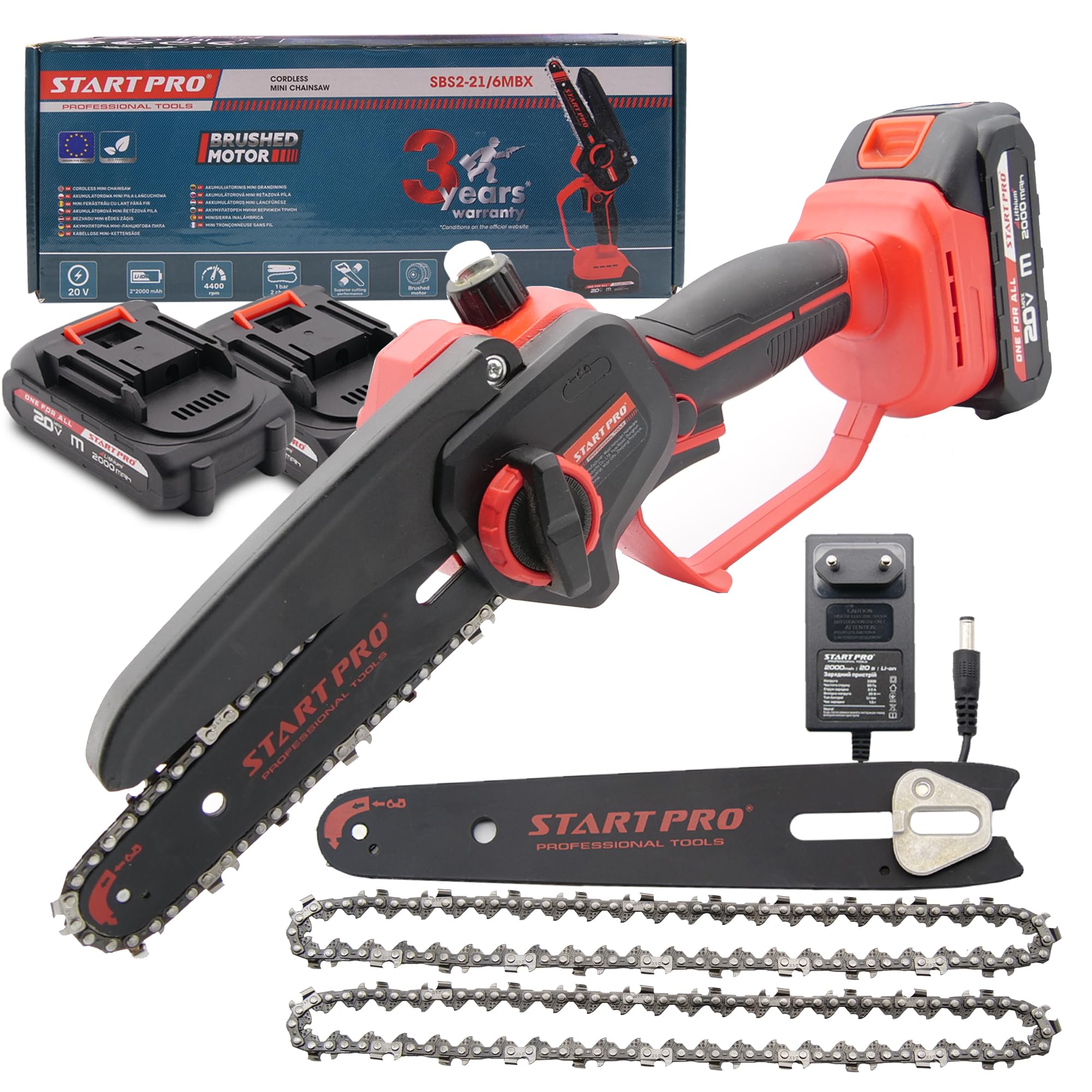 Mini piła łańcuchowa akumulatorowa 6 cali StartPro SBS2-21/6MBX, elektryczna piła łańcuchowa z 2 akumulatorami 2,0 Ah i ładowarką, 2 łańcuchy, ręczna piła łańcuchowa do cięcia drzew, gałęzi, drewna