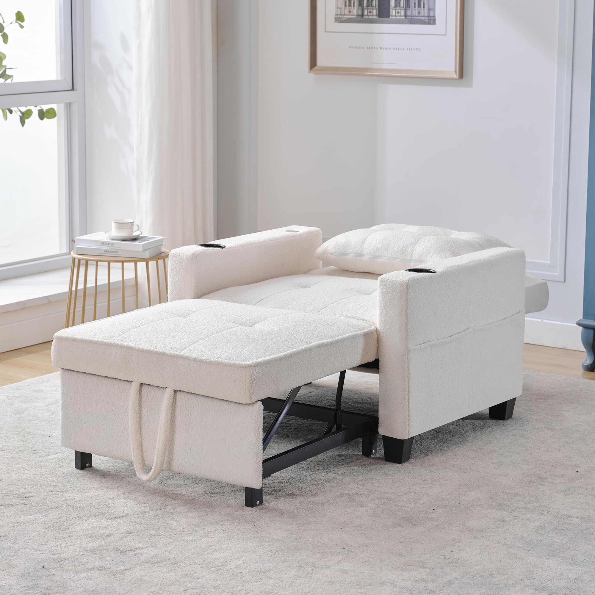 Generisch Sofá cama individual extensible 3 en 1 con soportes para bebidas y conexión USB, sillón ajustable, cama de invitados, ahorra espacio para habitaciones pequeñas, estudiantes, apartamentos