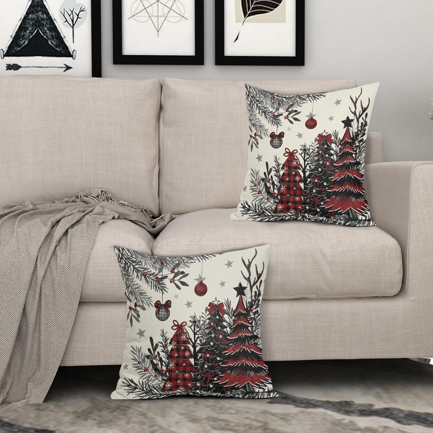 Sweetshow Christmas Tree Print Decorative Throw Pillow Covers, 24x24 Set of 2, Black Red, Linen, Perfect for Living Room, Bedroom, Office, Coffee Shop, Car, Outdoor, Porch Swing, Balcony, Patio