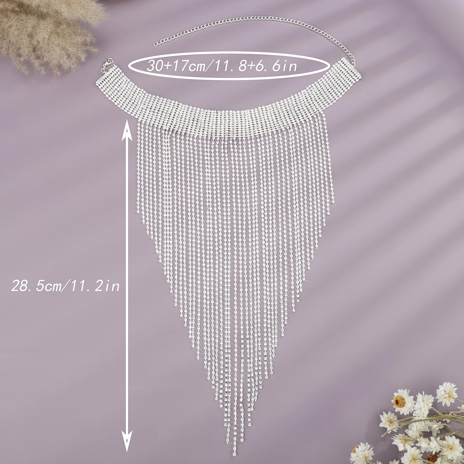 YERTTER Sparkle Silver Full Fringe Rhinestone Y Chain Tassel Chain Exaggrated Collar Luxury Tassel Crystal Statement Clavicle Choker Necklace for Wedding Party Music Bar Women（Silver 4） - Image 3