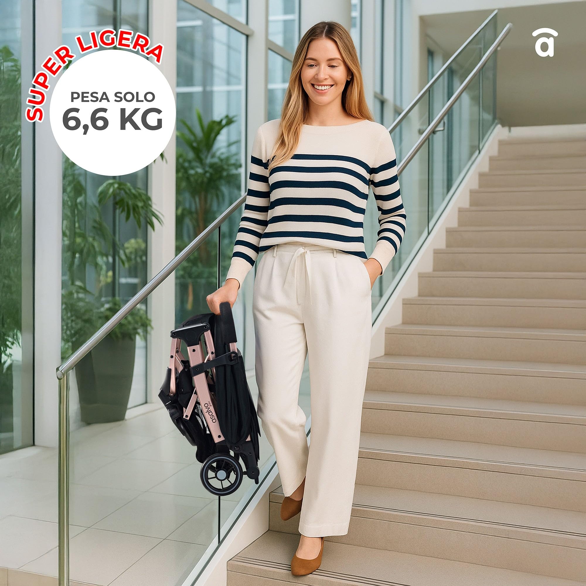 Silla de Paseo AMSTERDAM - Ultraligera, Reclinable y Compacta, Asa Trolley, Plegado con Una Mano, Capota Extensible, desde 6 Meses hasta 23 kg - Dorado Asalvo