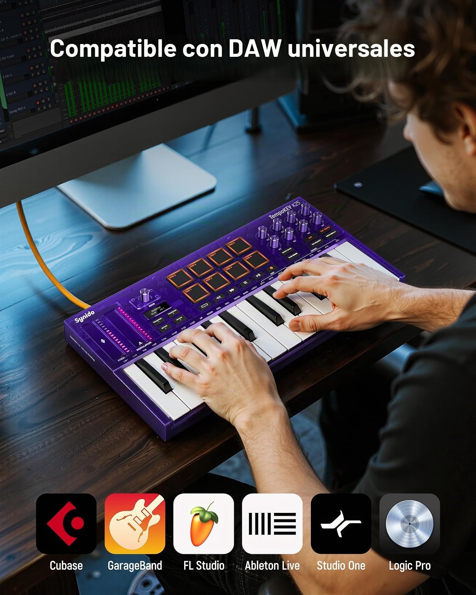 Synido Controlador de teclado MIDI Beat Maker, teclado MIDI de 25 teclas con almohadillas de batería, bolsa de transporte, pantalla OLED, teclado MIDI TempoKEY K25 USB-C con almohadilla de ritmo para
