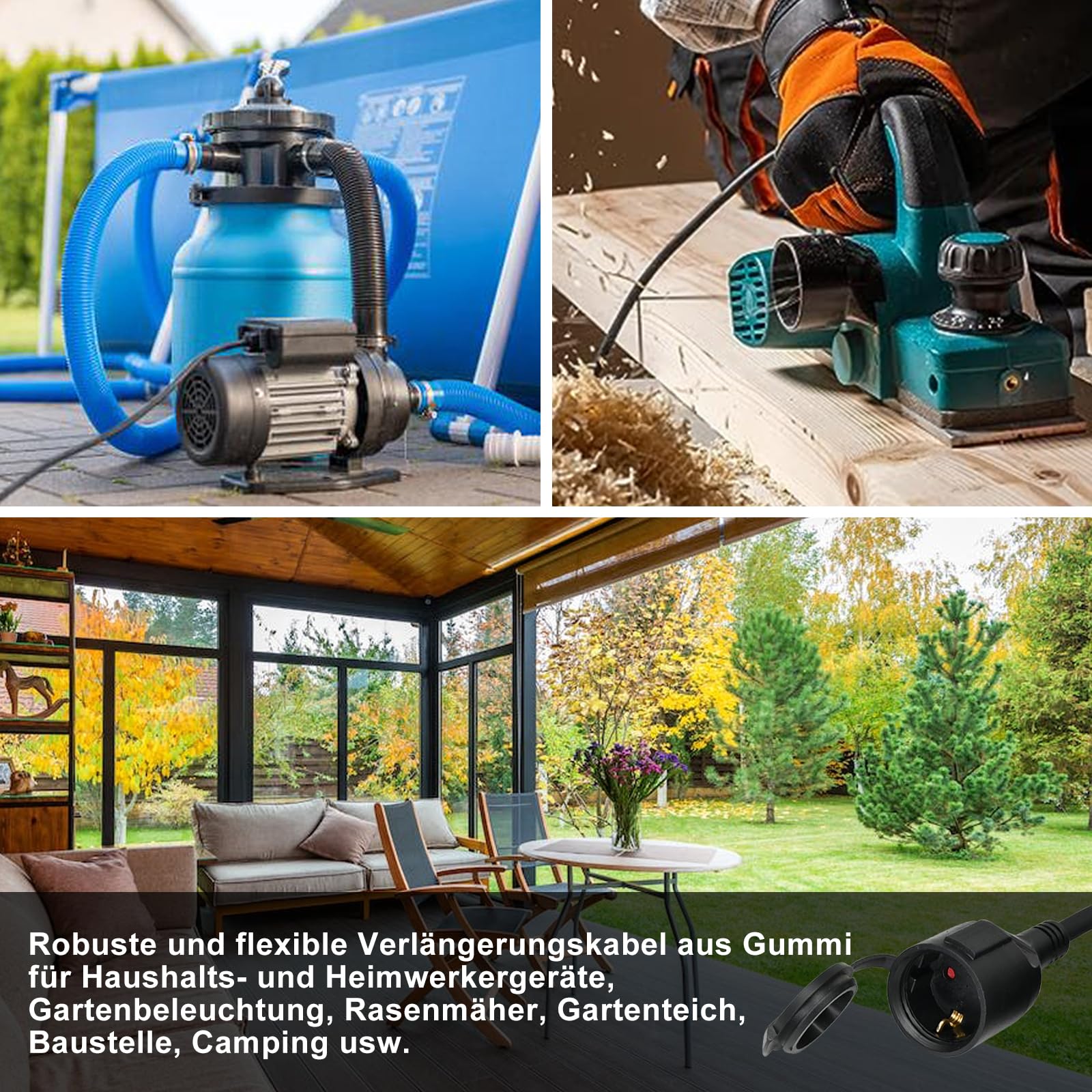 XUANSHI Cable alargador exterior de 10 m con tapa protectora H07RN-F 3G 2,5 mm² de goma, cable de extensión para exteriores, cable de alimentación exterior con enchufe Schuko, 3500 W, 16 A 250 V