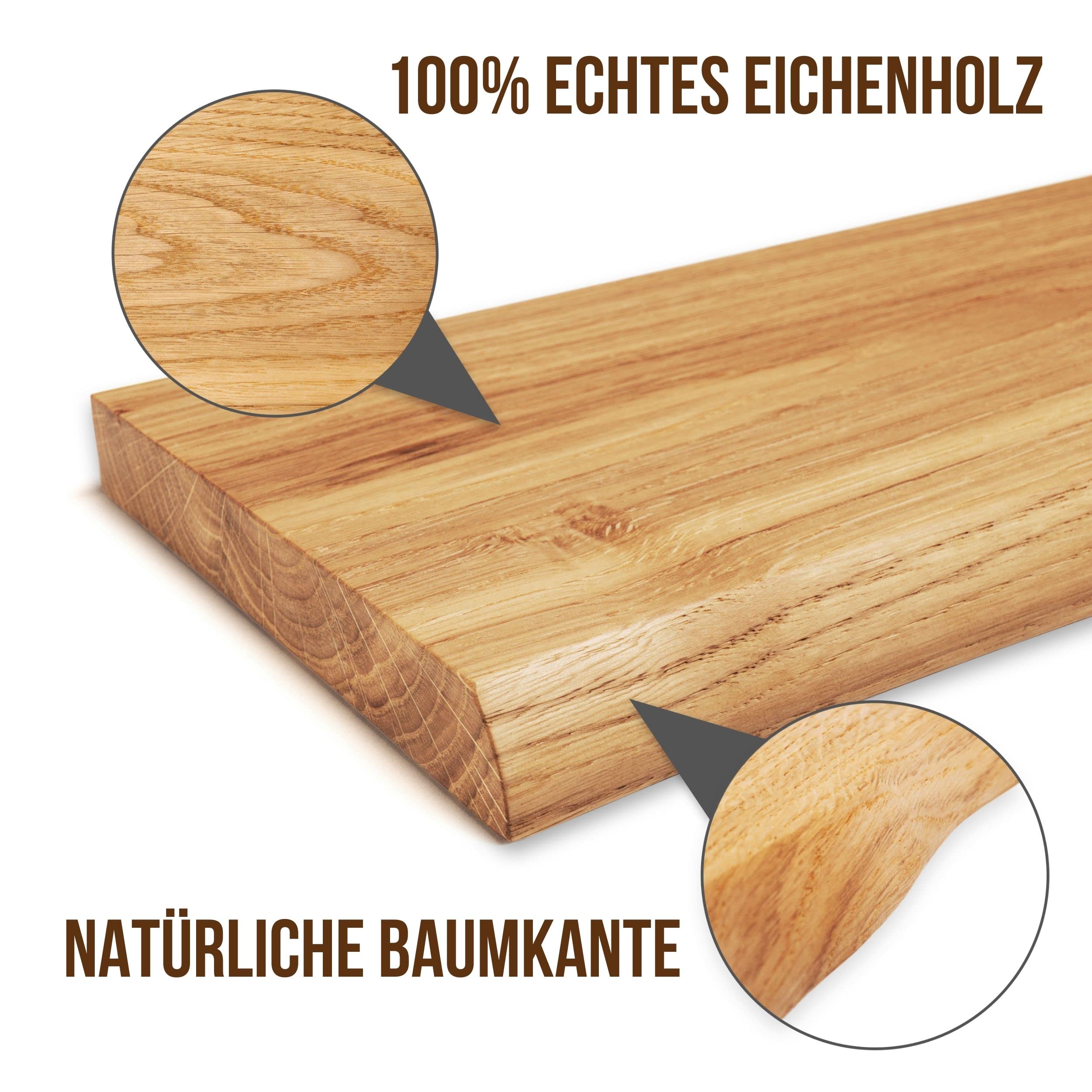 Heimatspäne Freischwebendes Regalbrett Baumkante 60cm [echtes Eichenholz] – Wandregal Eiche massiv – Echtholz Regal inkl. Montagematerial – Wandboard Holz rustikal in echter Handarbeit gefertigt