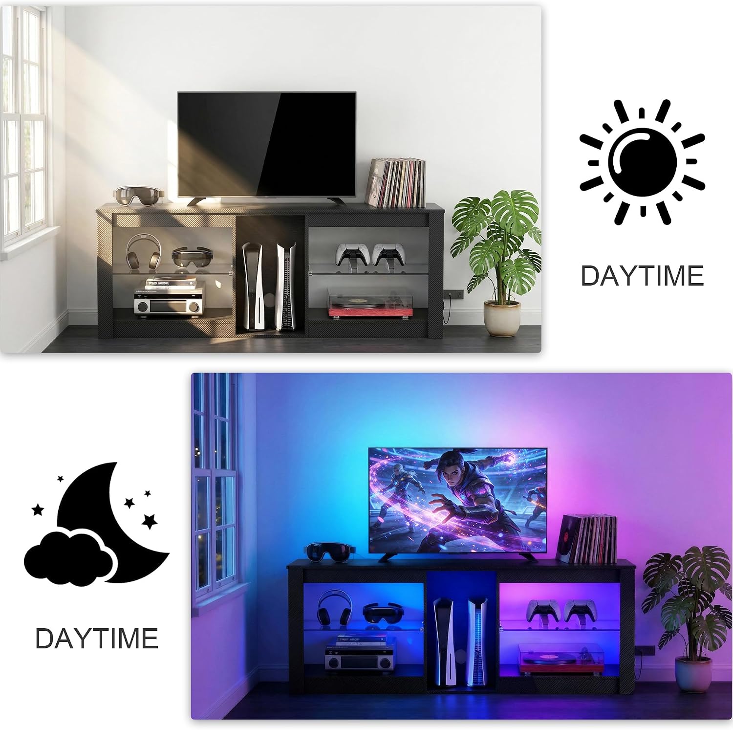 TV Stand with LED Lights for 50-65 Inch TV, Modern Entertainment Center with Glass Shelves & Storage Cabinet, Media Console Table with LED, for Living Room Bedroom Gaming, Carbon Fiber Black