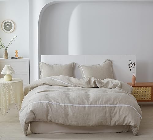 Simple&Opulence Juego de funda de edredón 100 % lino, tamaño Queen (88 x 92 pulgadas), 3 piezas de lino francés lavado con textura de rayas, 1 funda