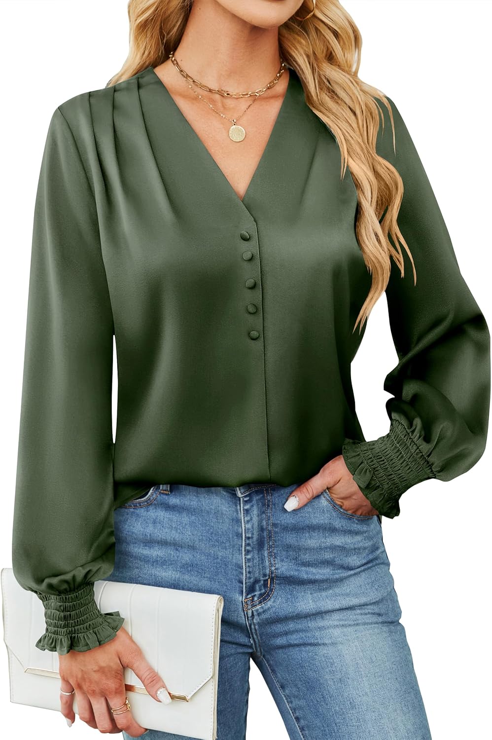 BMJL Women's Blouses Dressy Casual Satin Silk Long Sleeve Shirts Business Casual Tops