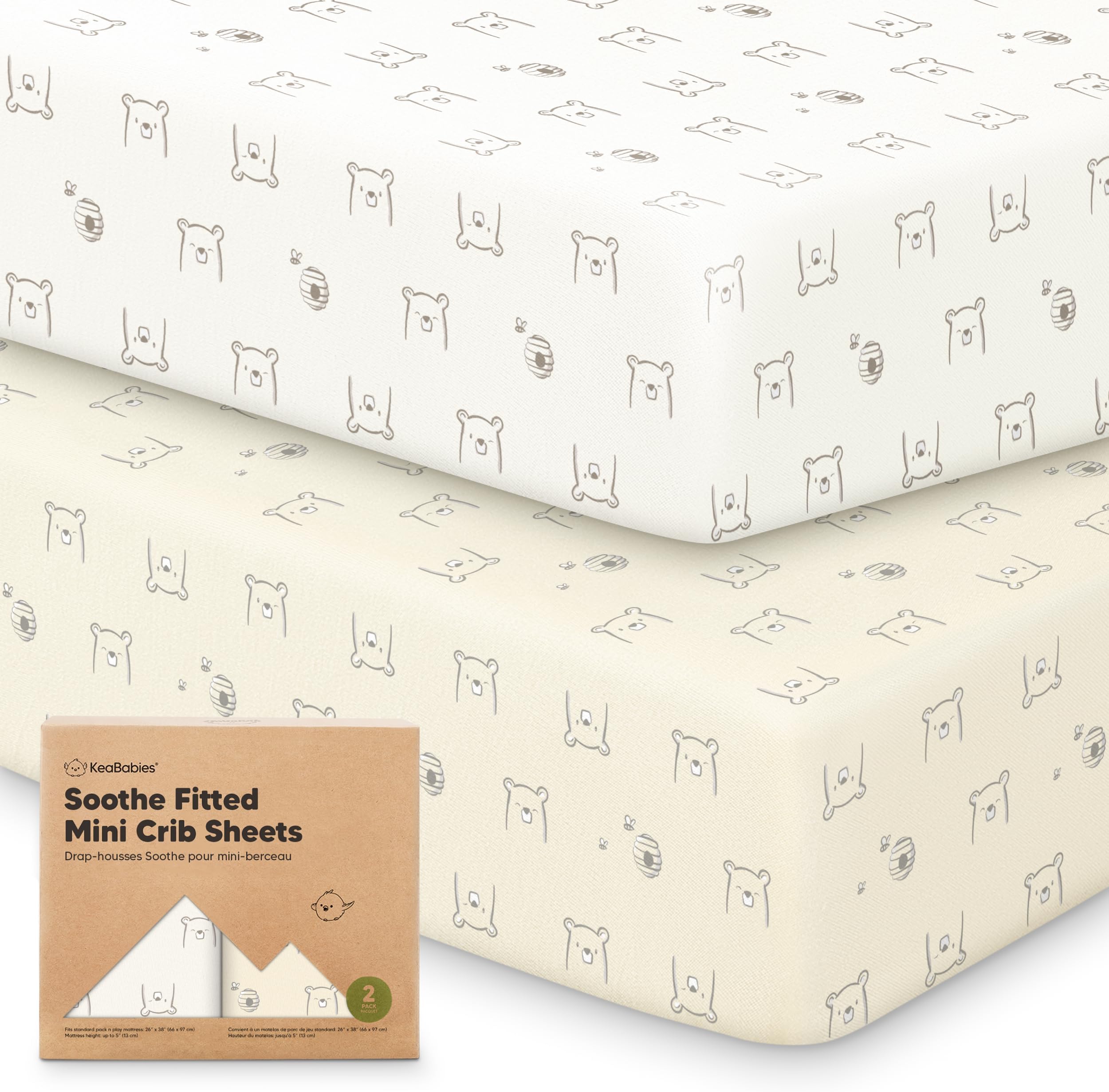 2-Pack Mini Crib Sheets Fitted - 38x26 Pack N Play Sheets for Pack and Play Mattress, Organic Cotton, Soft & Breathable Playard Bedding, Neutral Mini Toddler Bed Cover for Boys, Girls (Bumble Bear)
