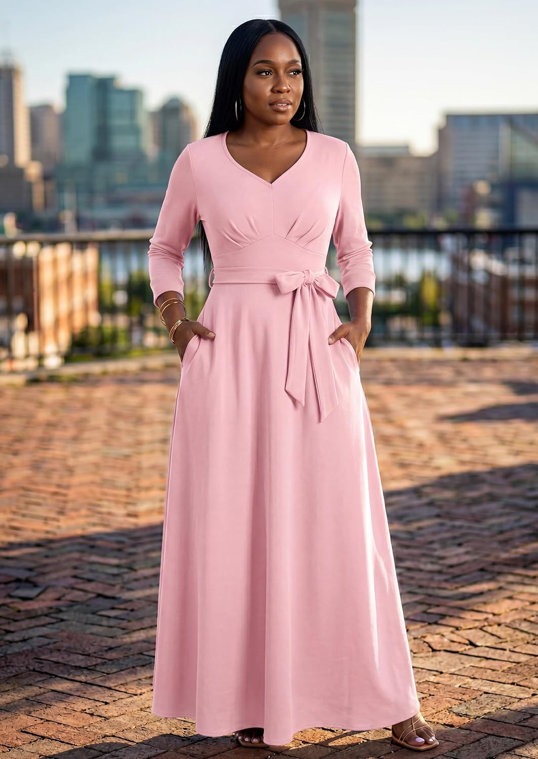 MarryUP Maxi Dress for Women 3/4 Sleeves V-Neck Semi Formal Church Long Casual Dresses with Pockets
