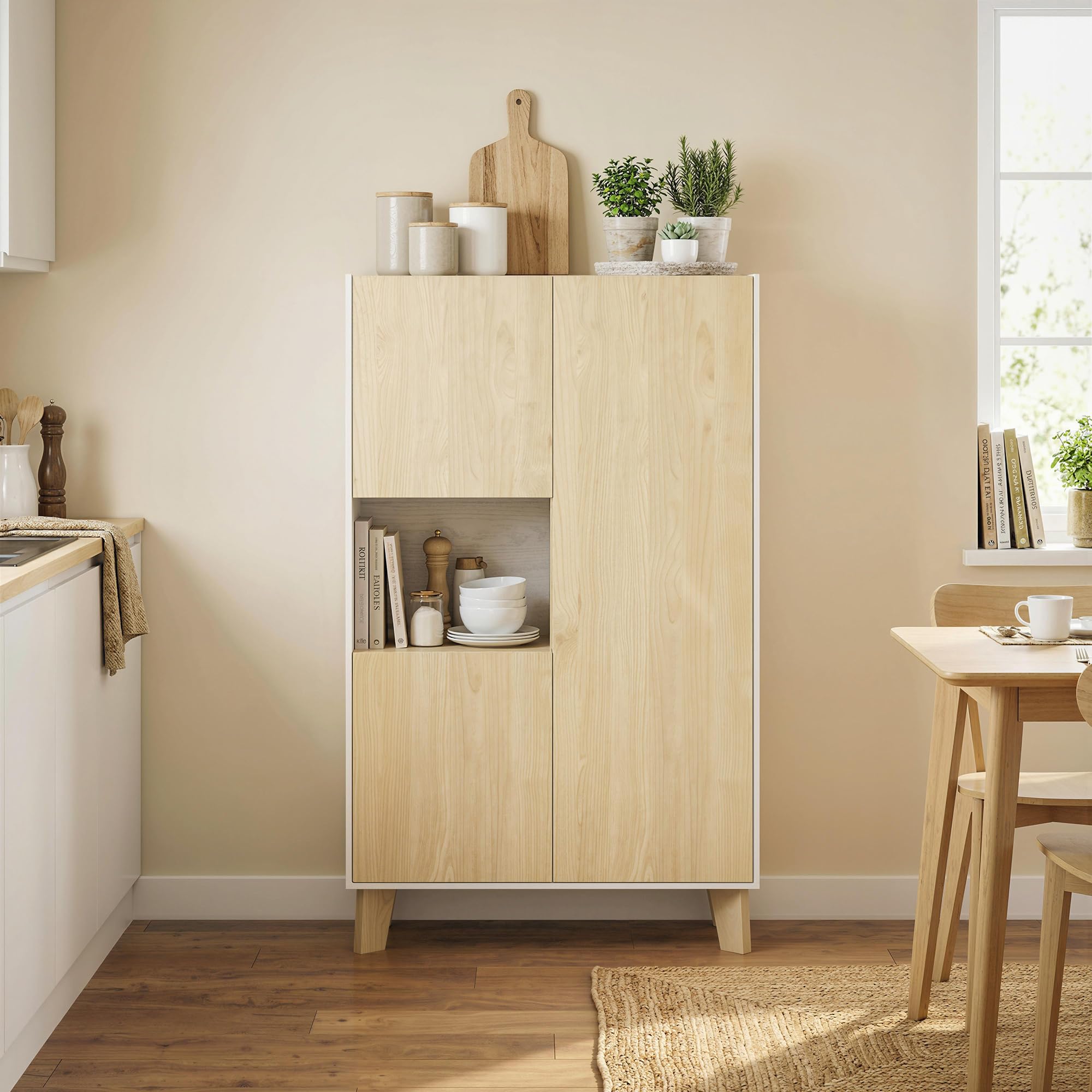 HOMCOM Credenza Cucina, Mobile Cucina 6 Scomparti Bianco e Color Legno | Credenza Buffet, Ante a Chiusura Ammortizzata, Soggiorno, Salotto, Sala da Pranzo