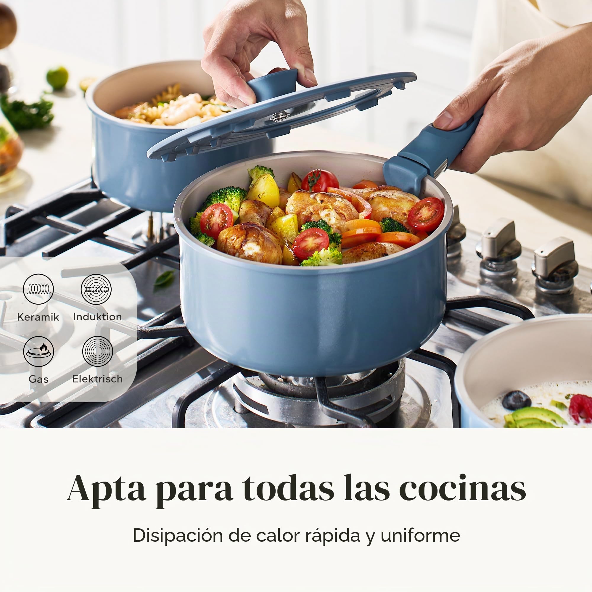 RedChef juego de 3 olla con mango desmontable (16, 18, 20 cm) - antiadherente, sin PFOA, apto para inducción, lavable en lavavajillas y horno