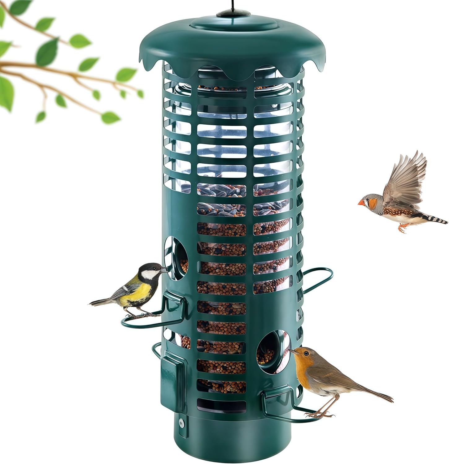 Beserie Squirrel Proof Bird Feeders Metal for Outdoors Hanging Weight Activated Wild Bird Seed Feeder for Finch Cardinal Chickadee, Weatherproof & Chew-Proof, 2LB Large Capacity, Green