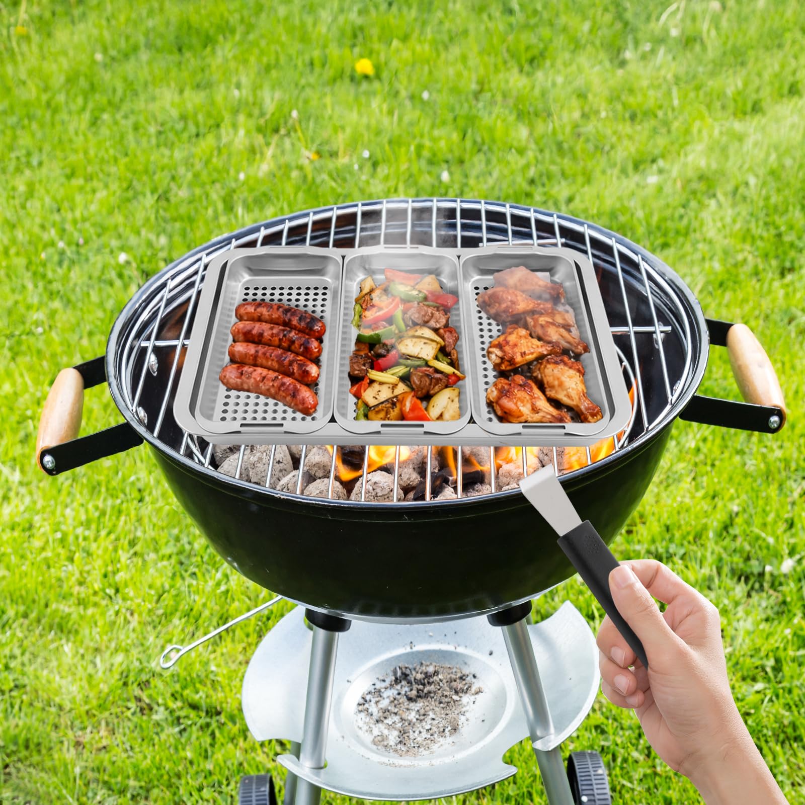 Set di 3 ciotole per barbecue, in acciaio inox, per barbecue, per esterni, accessori per verdure, pesce o carne, griglia per barbecue a gas