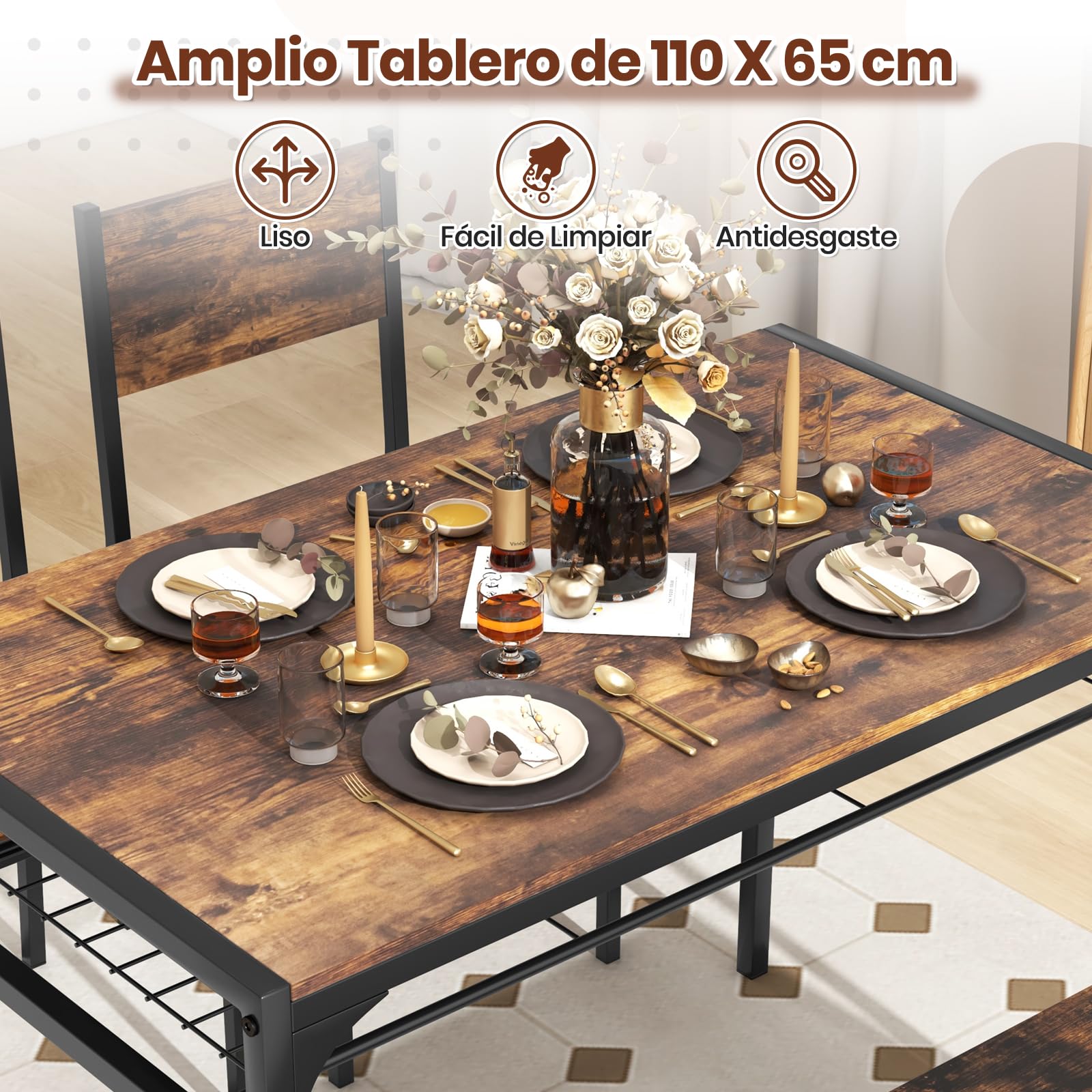 GIANTEX Juego de Mesa de Comedor para 4, Mesa Rectangular con 2 Sillas, 1 Banco, Estantes, Marco de Metal Resistente, Juego de Comedor de 4 Piezas, Comedor, Cocina (Marrón Rústico)