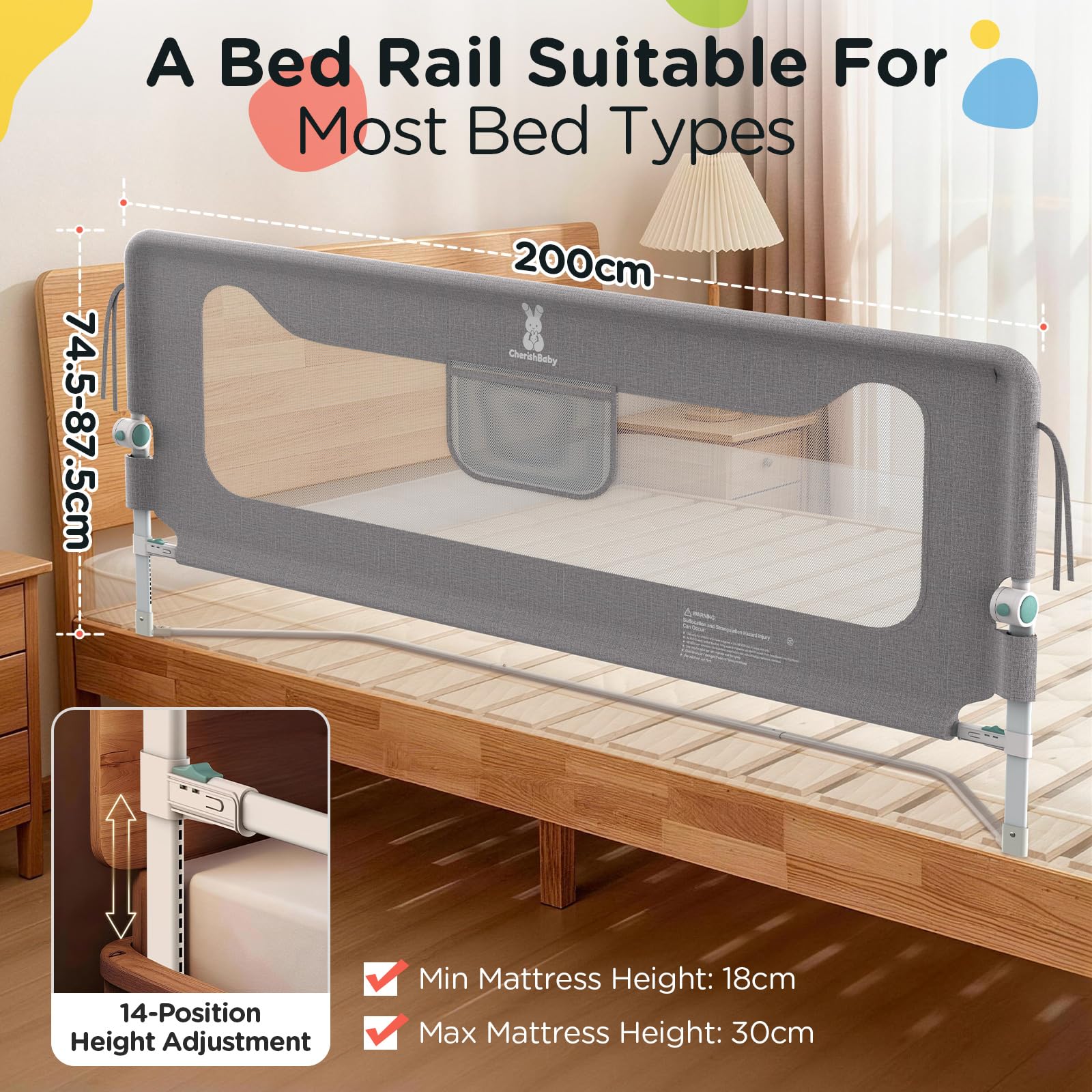Huracan Barrière de lit réglable en hauteur 200 cm Protection anti-chute Lit rabattable pour enfant et bébé
